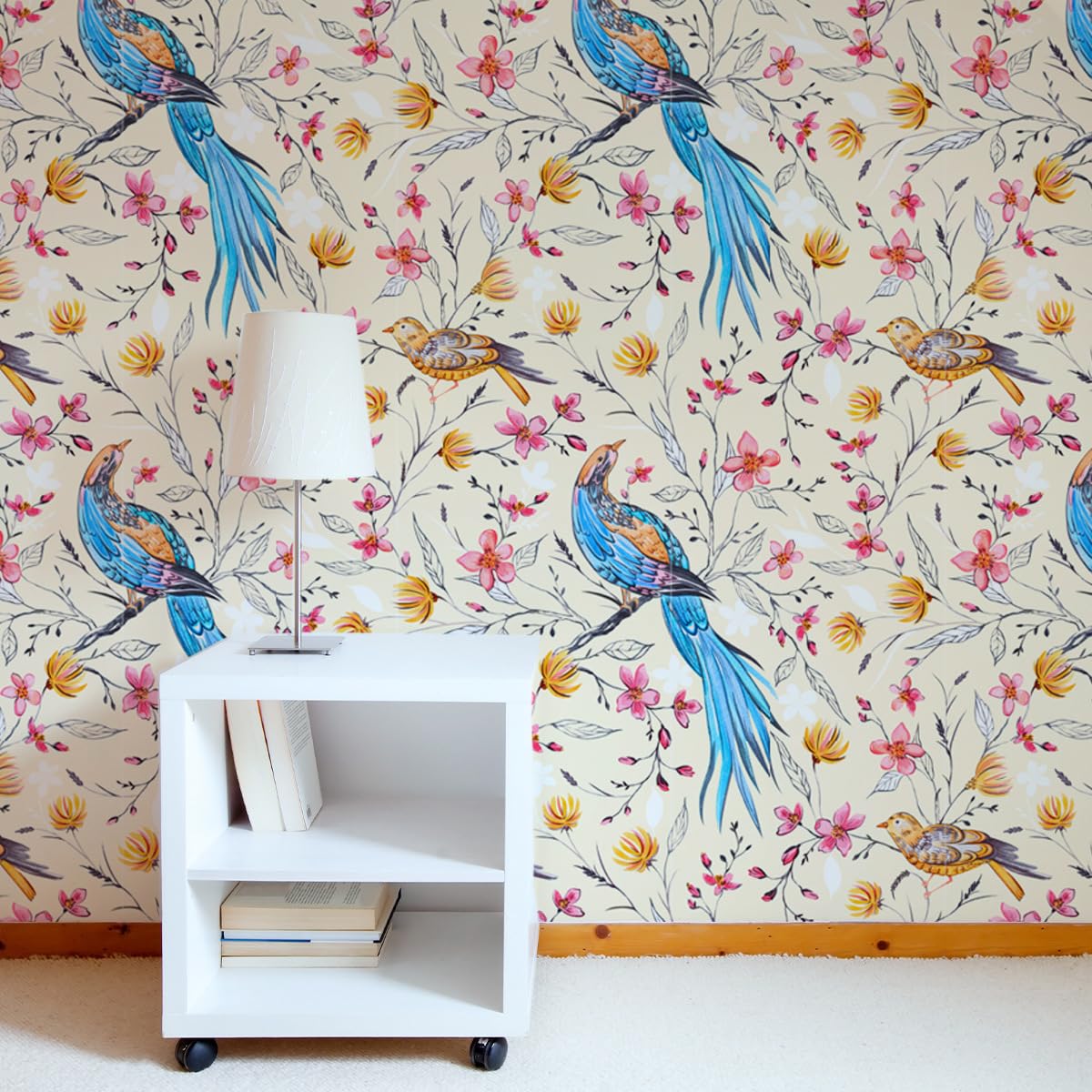LBHSWWX Floral Bird Peel and Stick Wallpaper, 45 cm x 300 cm, Cream Background with Blue Birds and Pink Flowers