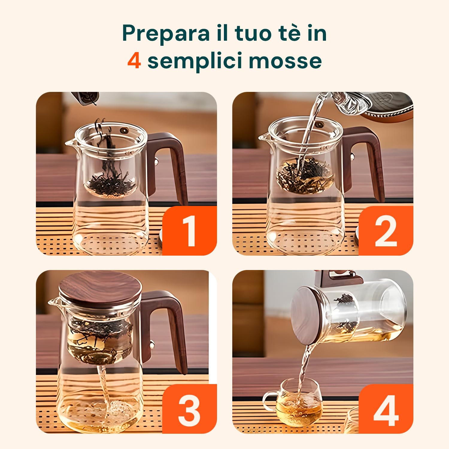 Avilia - Teiera in Vetro con Infusore da 600/800ml con Manico Effetto Legno Antiscottatura, Infusore a Pressione Integrato per Tè e Tisane, Chiusura Ermetica, Facile da Usare e da Pulire