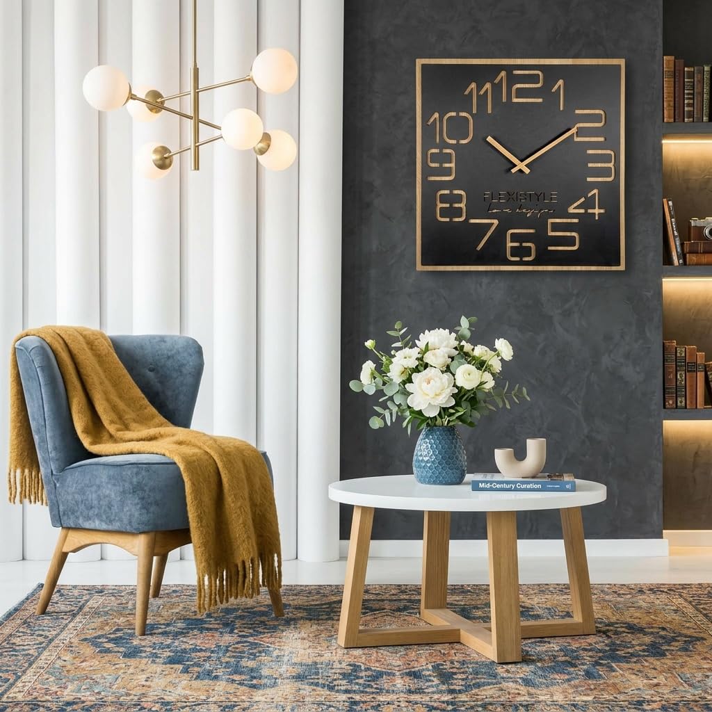 FLEXISTYLE Reloj de Pared Grande con Aspecto de Madera Digits Eco, Cuadrado, silencioso, salón, Dormitorio, (Negro, 60 cm)