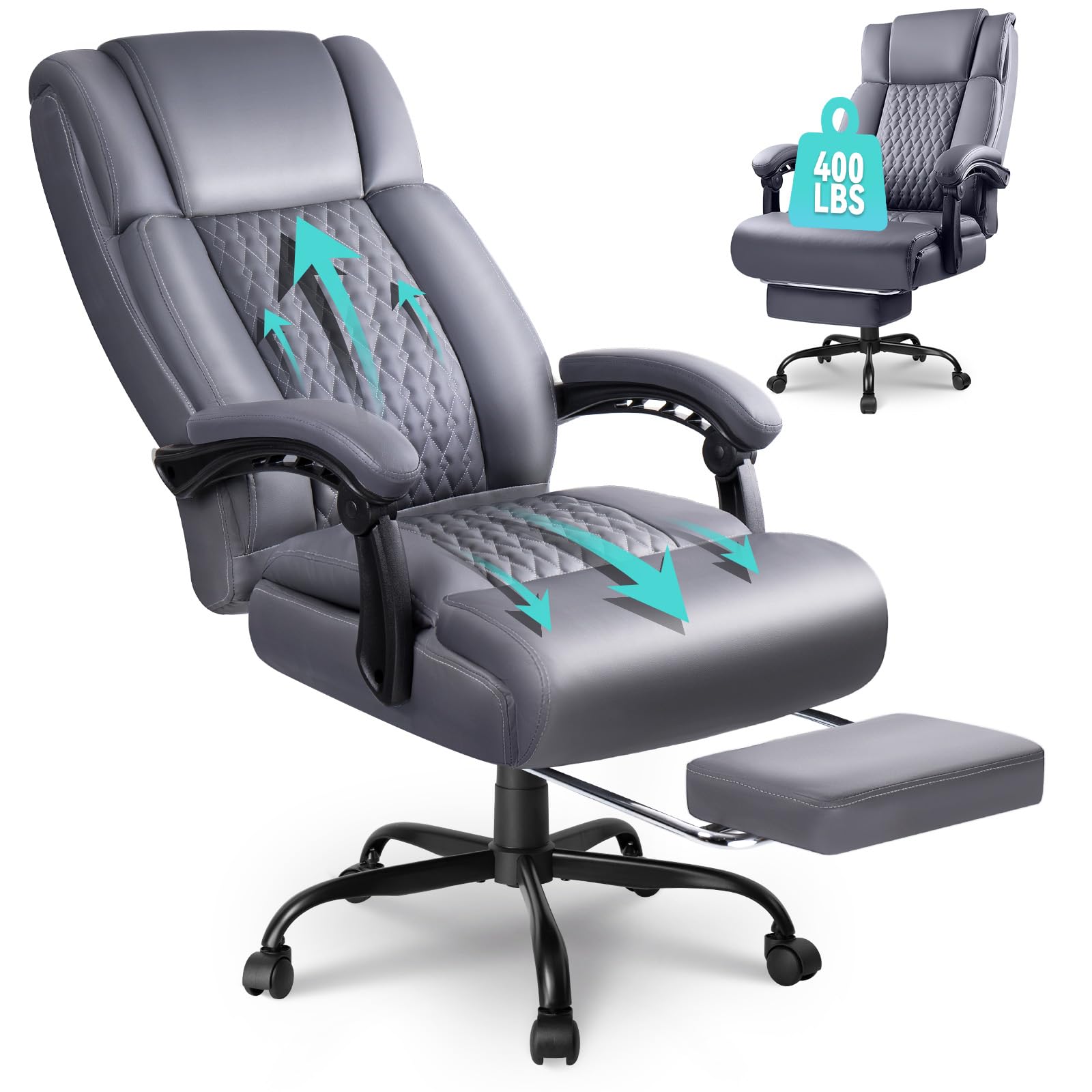 LEMBERI Office Chair with Foot Rest, Heavy Duty 400lbs Big and Tall Office Chair, Executive Ergonomic High Back Design PU Leather Computer Desk Chairs (Gray)