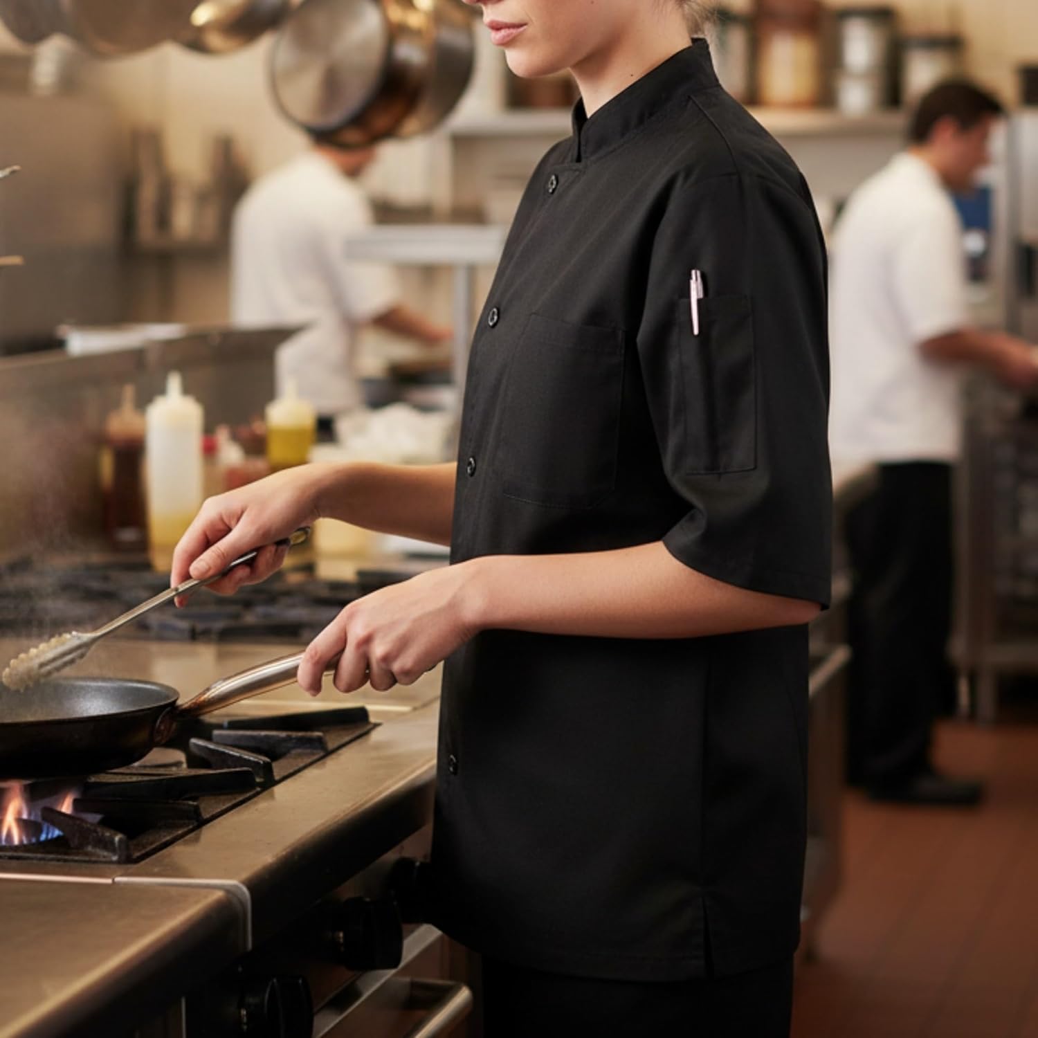 TrueCraftware- Tapered Ventilated Black Short Sleeve Chef Jacket Small Size- Chef Jacket Chef Coat Restaurant for Food Service Bakers and Culinary Professional