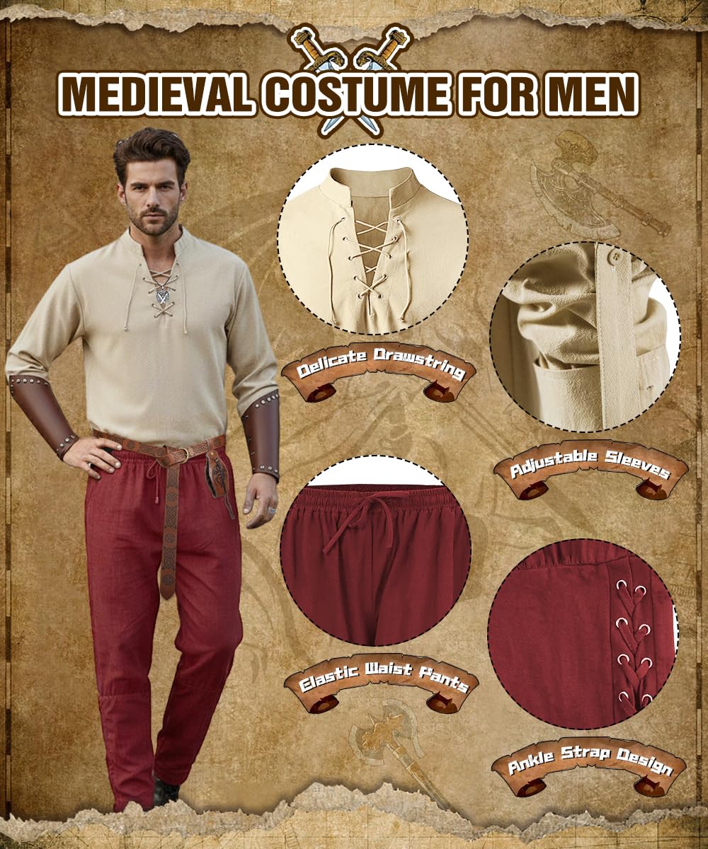 Costume Medievale Uomo, Abbigliamento Rinascimentali con Camicia Pantaloni da Pirata, Costume Carnevale Cavaliere, Regalo per Uomo, Costumi Medievale Vichingo per Halloween Cosplay