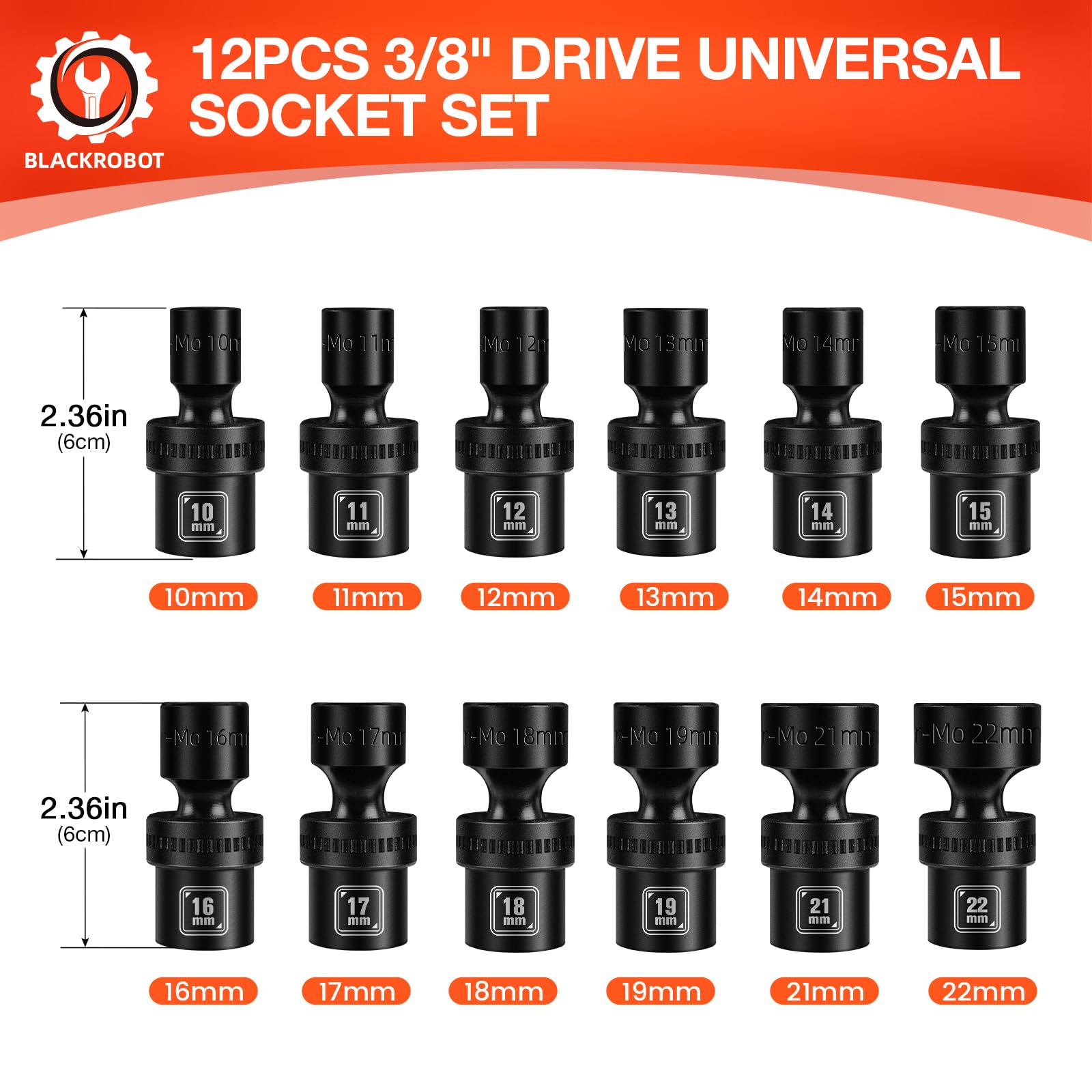 BLACKROBOT Set di chiavi a bussola universali a percussione, con attacco da 3/8", 12 pezzi, con 6 punti (10-22 mm), acciaio CR-MO, include binario di stoccaggio