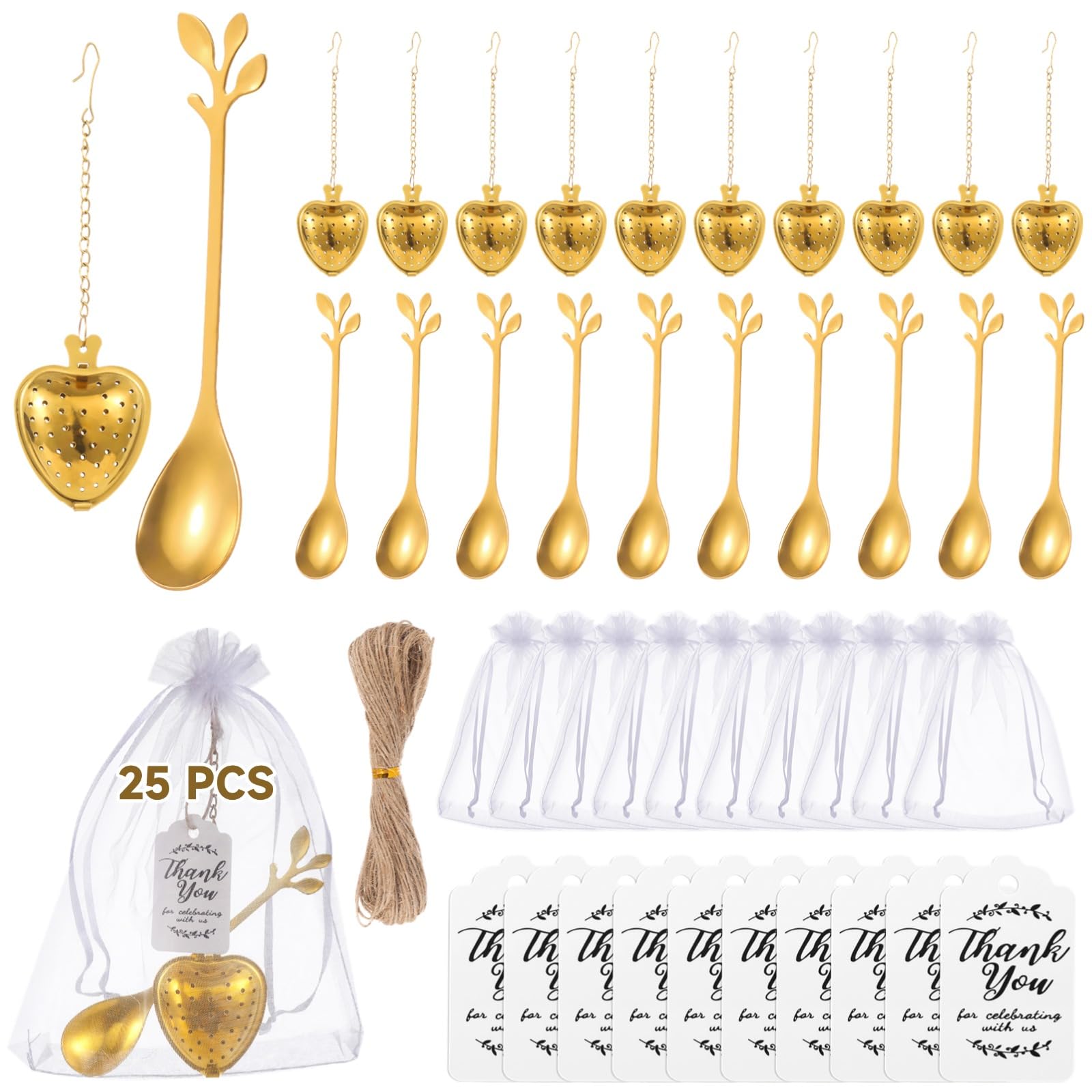 25 Sets Brautparty Mitgebsel, Tee-Party Set mit herzförmigen Tee-Infusern, Teelöffeln in Blattform, Organzabeuteln und Dankeskarten, praktische Hochzeitssouvenirs für Gäste und festliche Anlässe