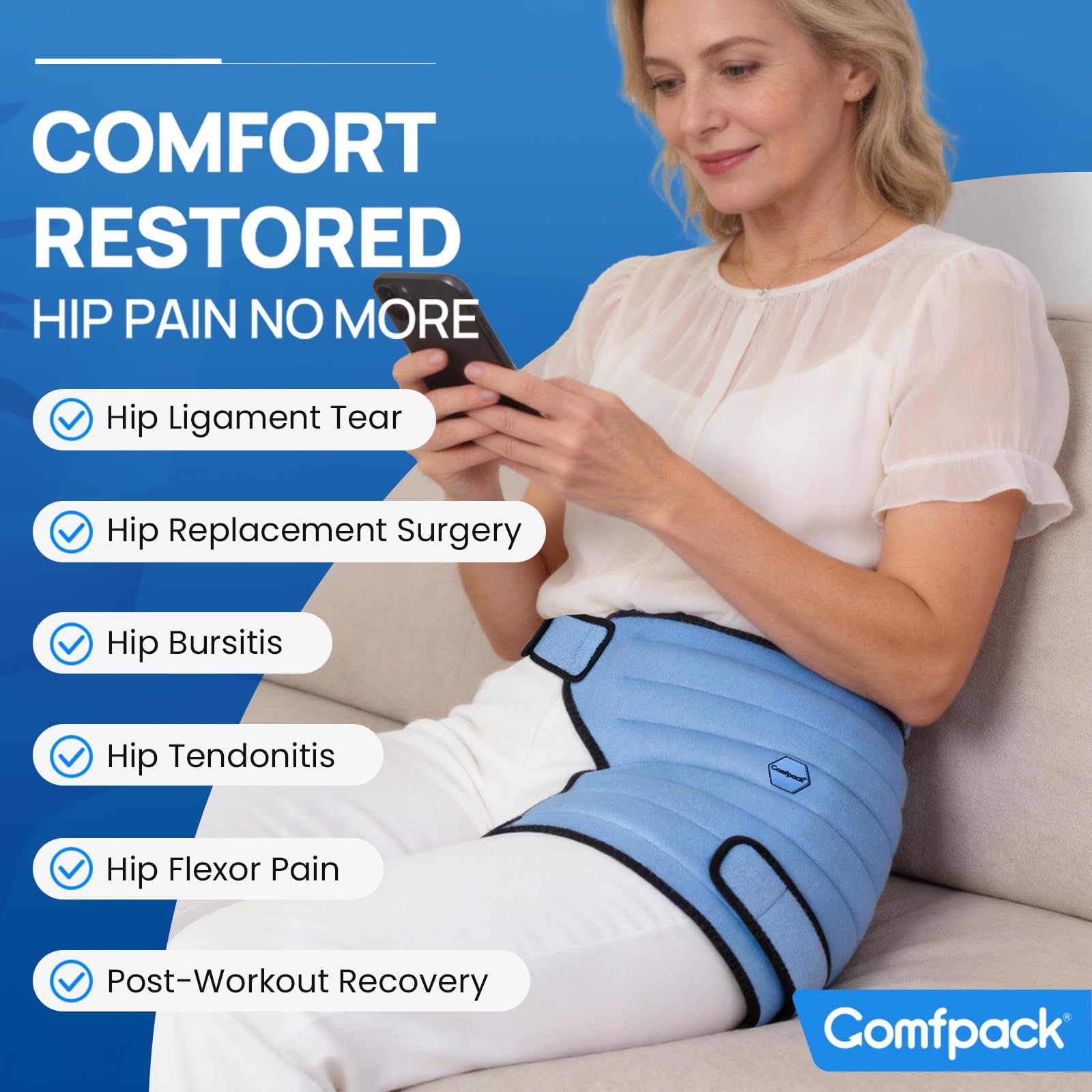 Comfpack Bolsa de hielo para cadera después de la cirugía con 2 horas de frío de larga duración, flexible y de enfriamiento uniforme para cirugía de reemplazo, ciática, bursitis