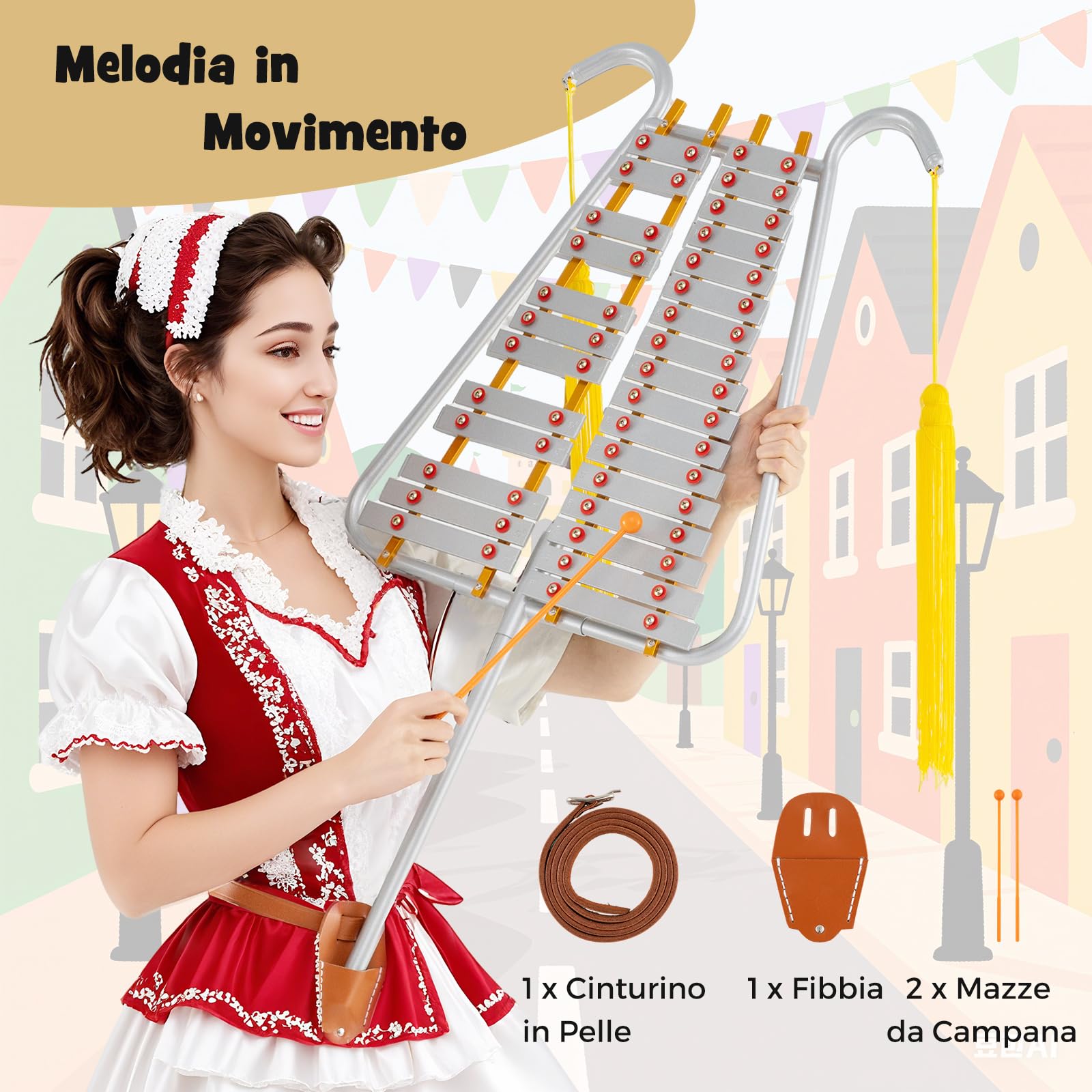 RELAX4LIFE Xilofono Glockenspiel da 29 Note, con Tasti in Alluminio, Tracolla in Pelle Regolabile e 2 Bacchette per Parate, Strumento a Percussione Leggero e Portatile per Principianti