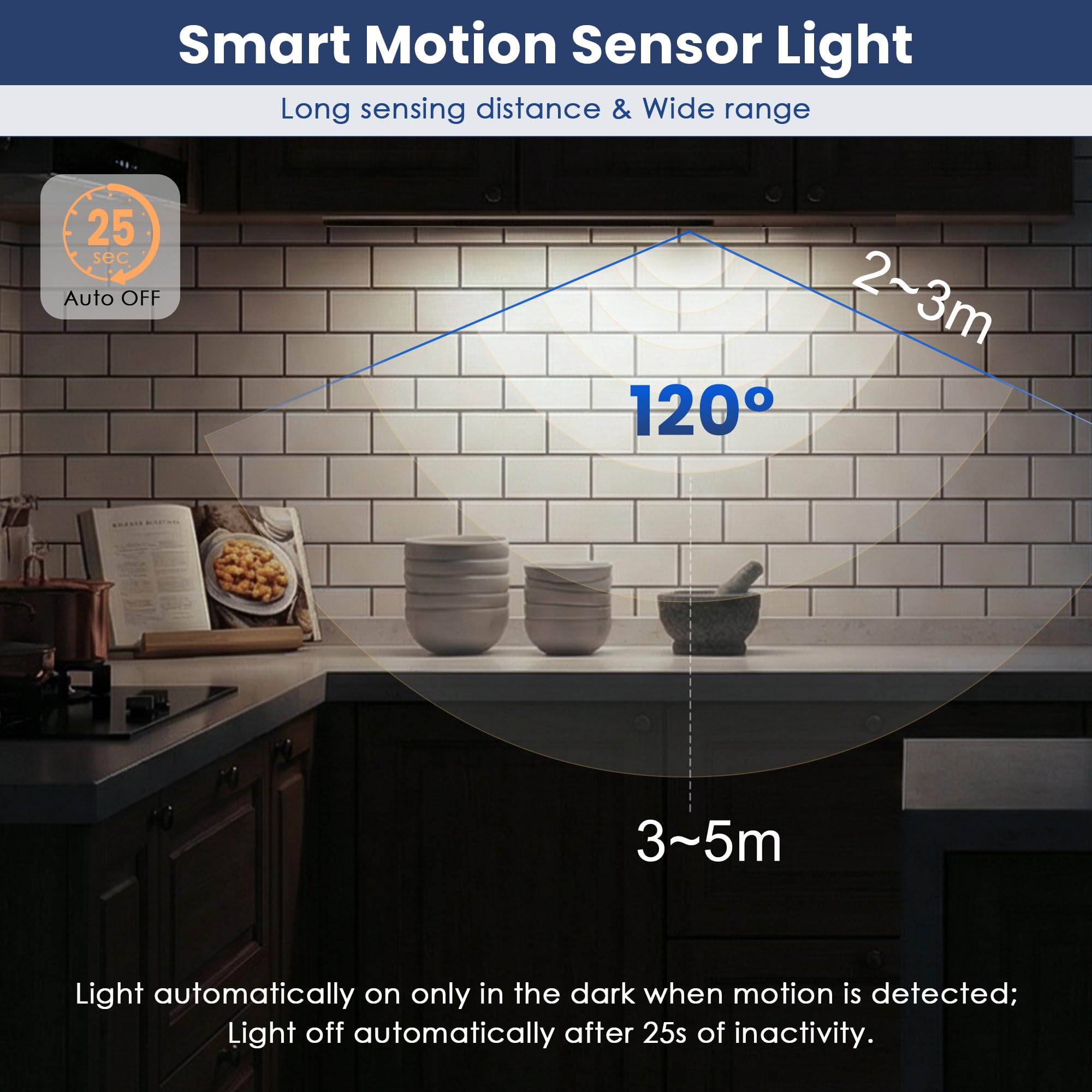 3PZ 40cm Luce Notturna Sensore Movimento 3 Modalità, Barra LED Ricaricabile USB 2200 mAh, 3 Colori Dimmerabile, Luce Magnetica Senza Fili per Cucina, Armadio, Bagno