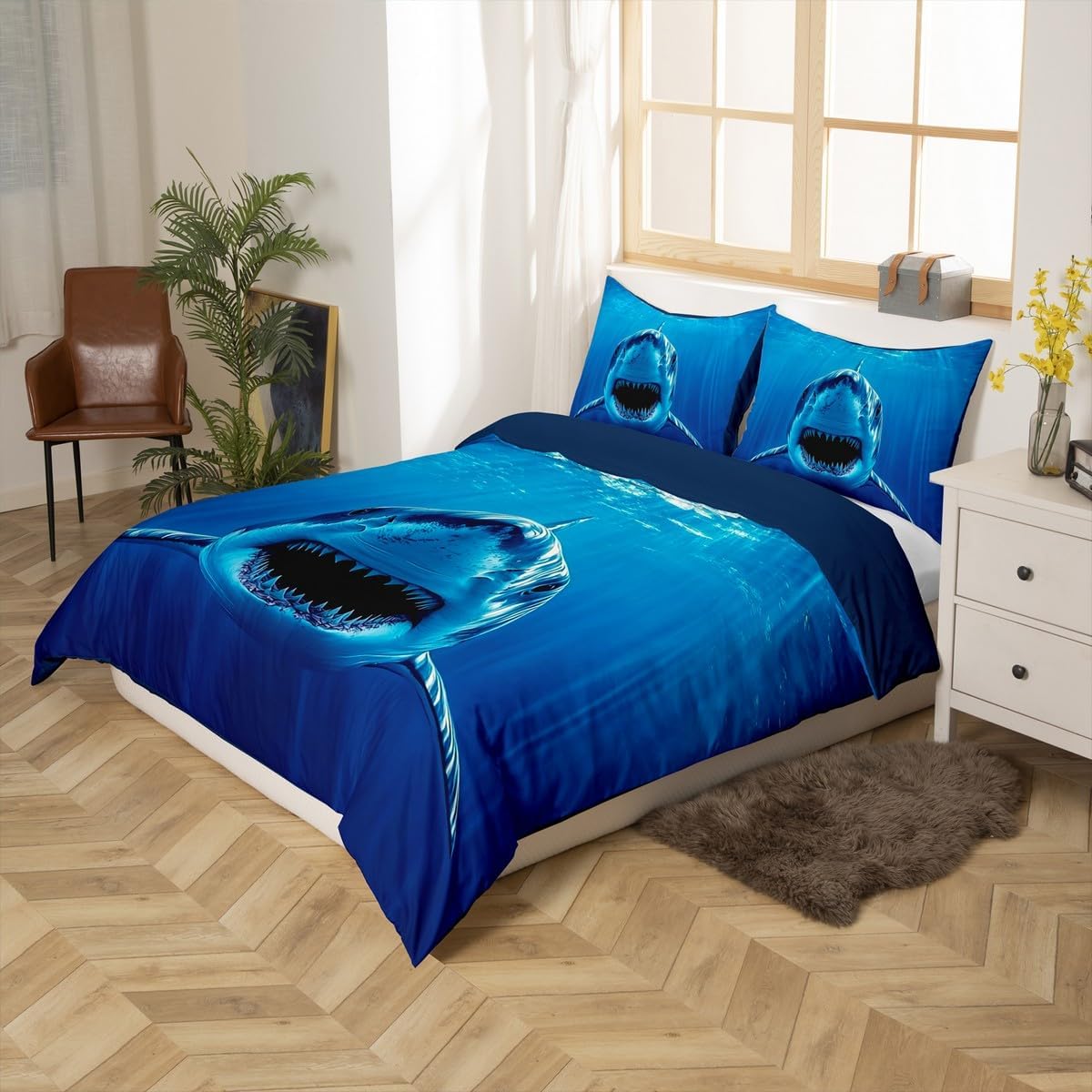 jejeloiu Shark Duvet Cover Ocean Sea Animal Bedding Set for Kids Boys Girls Teens Room Decor Sea Underwater World Comforter Cover Set Toddler Size Marine Theme Bedspread Cover 2Pcs Zipper