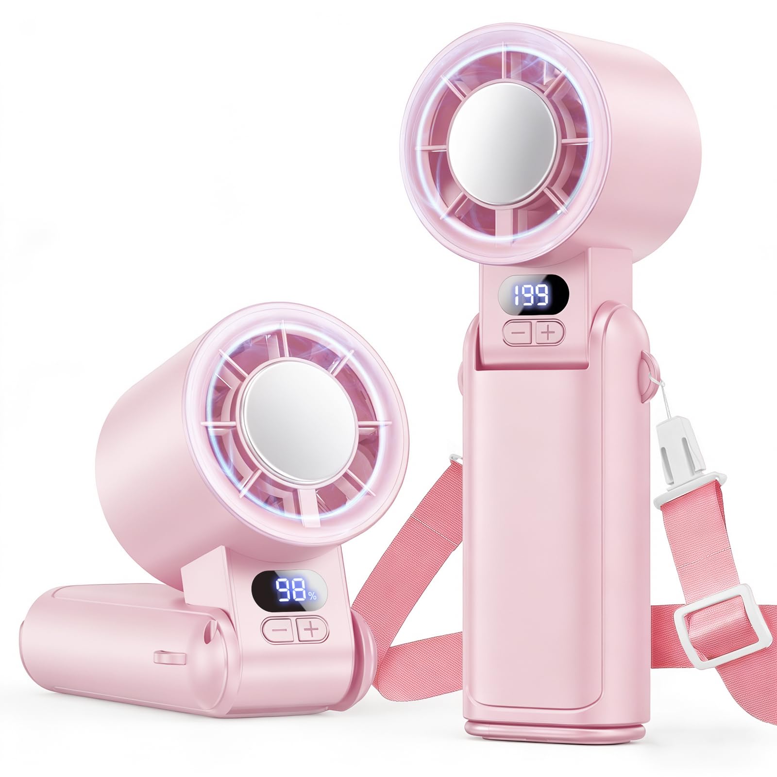 Deyhoc Handheld Fan Rechargeable with LED Display & Clip, 1-199 Speed Adjustable, 3-in-1 Hand Neck & Desk Fan, Powerful Portable Mini Hand Held Fans for Travel Camping Office Home, Pink