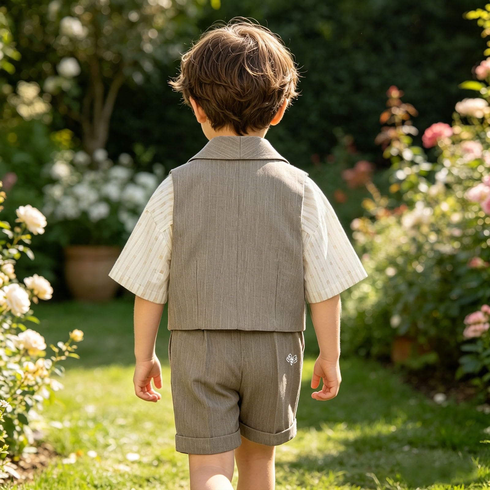 Jungen Anzug 4 Teilig Sommer Kinderanzug Elegant Kurzarm Gestreift Hemd Weste Shorts Fliege Freizeit Fest Geburtstag Party Atmungsaktiv Bequem für Jungen Kleinkinder
