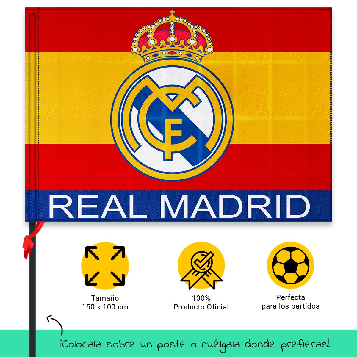 Bandera oficial del Real Madrid Club de Fútbol + Llavero 15 Champios | 150 x 100 cm - Fondo Bandera España escudo en el centro | Producto Oficial