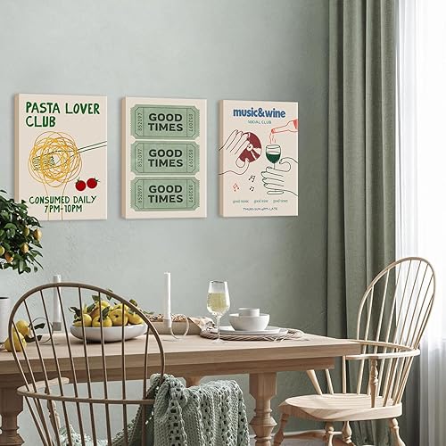 Miniatura 9 de Juego de 3 lienzos de pared en lienzo verde vintage de moda, pósteres de boletos de Good Times, impresiones divertidas para amantes de la pasta,