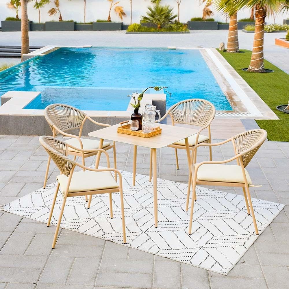 Danube Home Aliza 5-Piece Outdoor Dining Set | Water-Resistant Garden Patio Dining Sets | 4-Seater All Weather Steel/Tempered Glass Patio Modern Furniture Set For Garden L80XW80XH70 Cm Beige