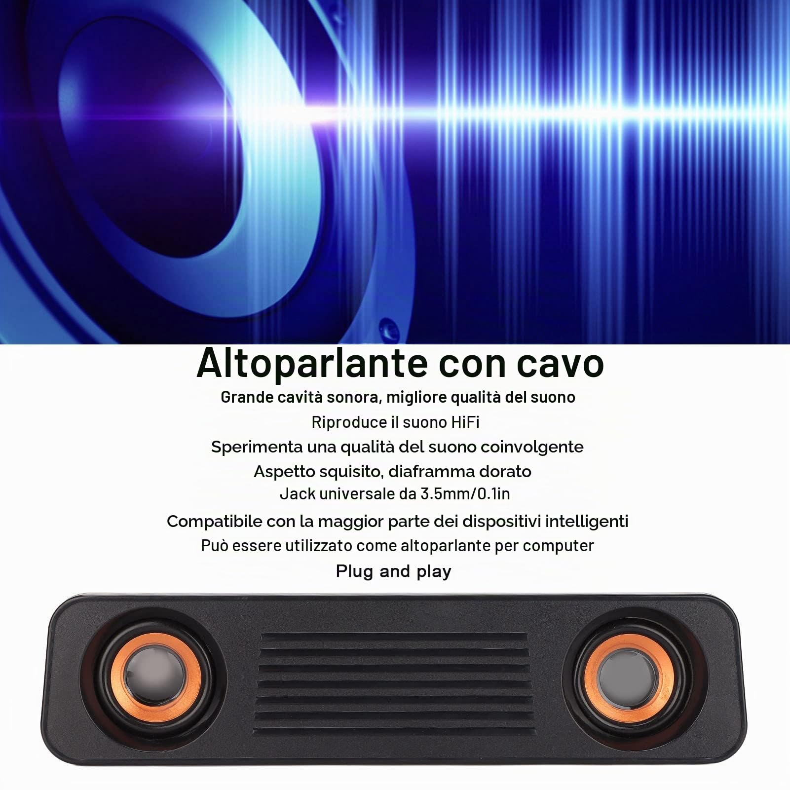 Soundbar per TV, Altoparlante Cablato Portatile Subwoofer Stereo HiFi Altoparlante Lungo da Tavolo Alimentato Tramite USB Spina da 3,5 Mm Altoparlante Cablato per Tablet