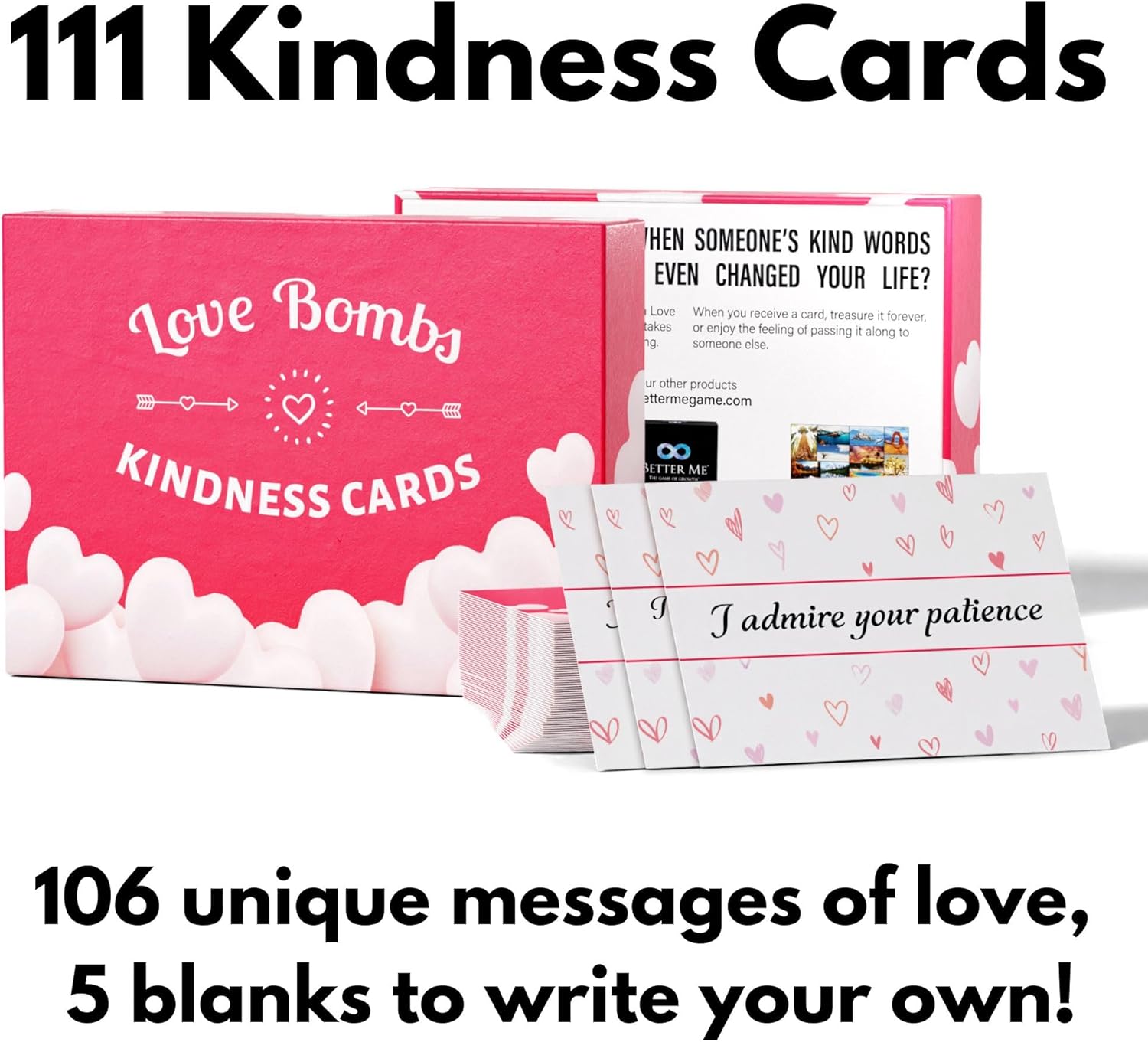Better Me Love Bombs Kindness Cards - Red & Gold, 2x 111 Appreciation & Gratitude Cards, Love Notes for Him & Her, Valentines Day Gifts