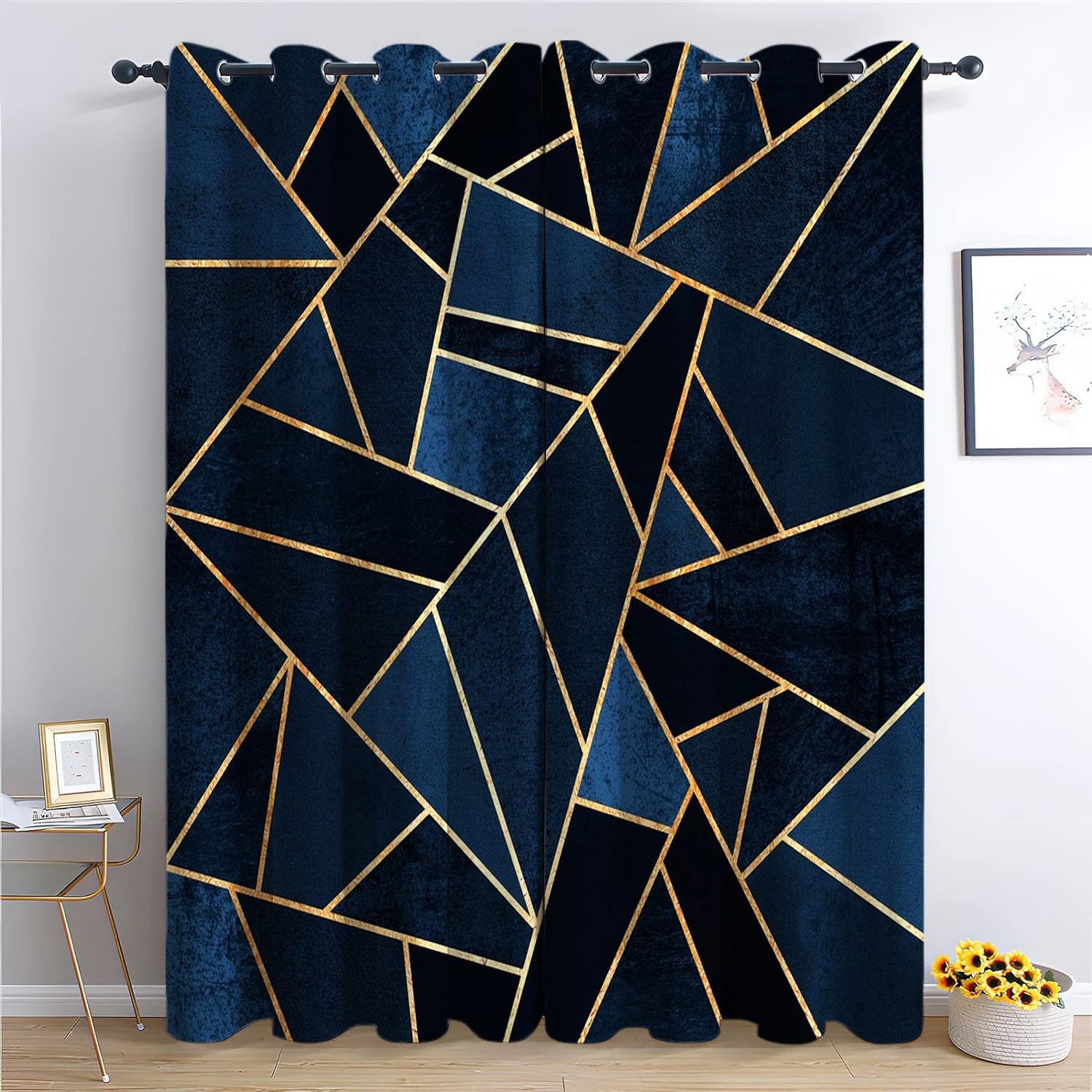 Rideau pour salon bleu et or 75x166 cm ambiance géométrique chic