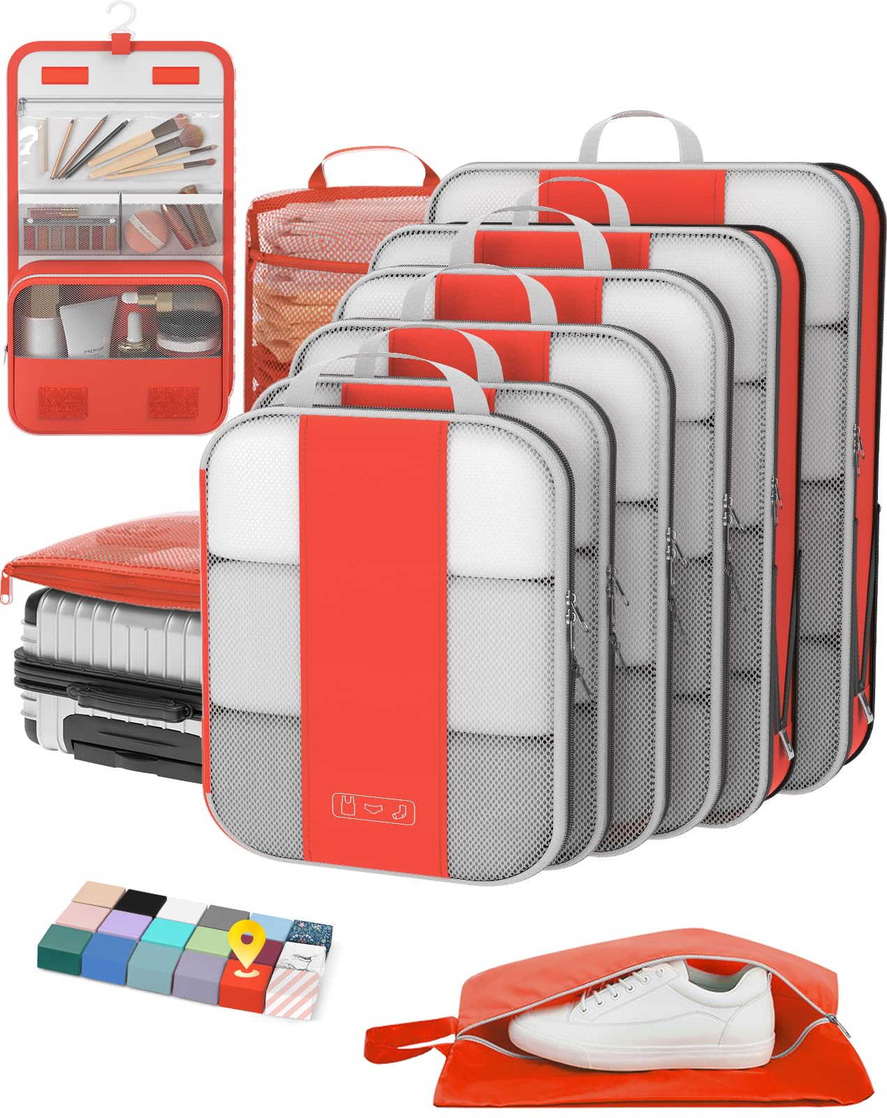 OlarHike 10 Set Compression Packing Cubes for Travel Essentials,Compressible Expandable Space Saver Bags for Organizing Clothes,Luggage Suitcase Garment Bags with Over 1000 pcs Mesh Holes(Orange)