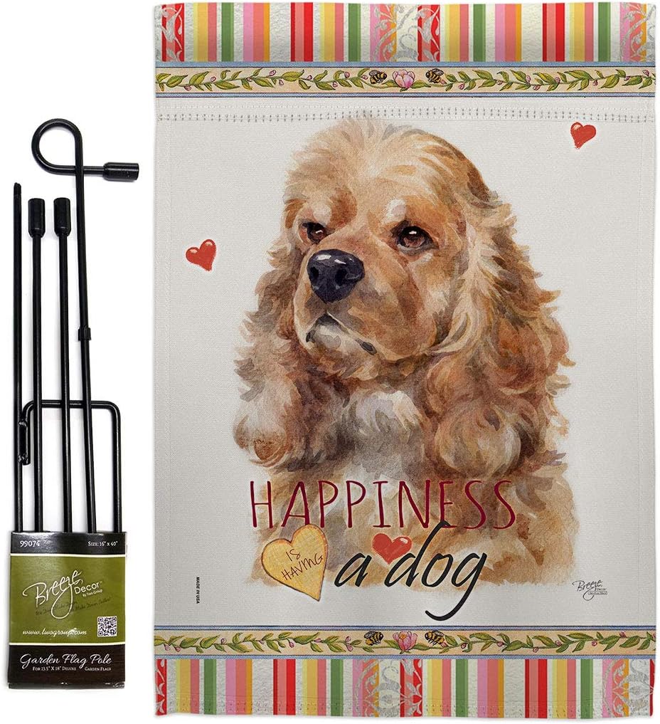Breeze Decor Cocker Spaniel Happiness Garden Flag Set with Stand Dog Puppy Spoiled Paw Canine Fur Pet Nature Farm Animal Creature House Banner Small Yard Gift Double-Sided, Made in USA