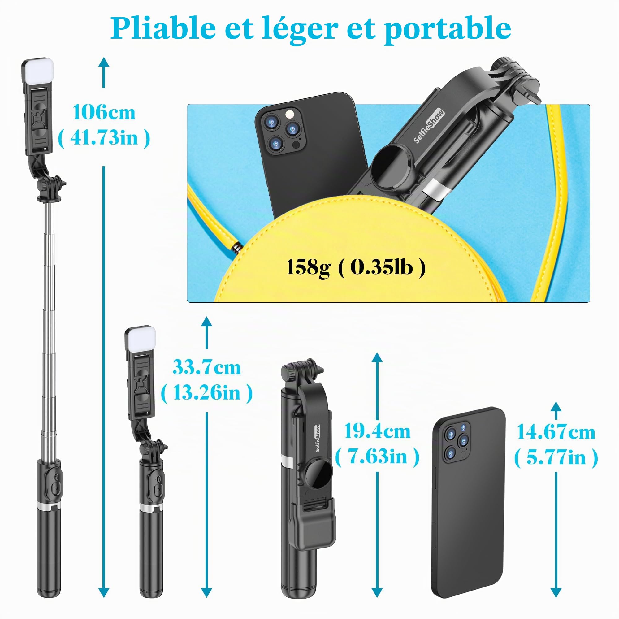 Perche Selfie Trepied avec Lumière, Perché à Selfie Trépied Smartphone Bâton Selfie Portable Télescopique avec Télécommande Amovible et Rotation à 360 ° pour iPhone, Samsung, Huawei