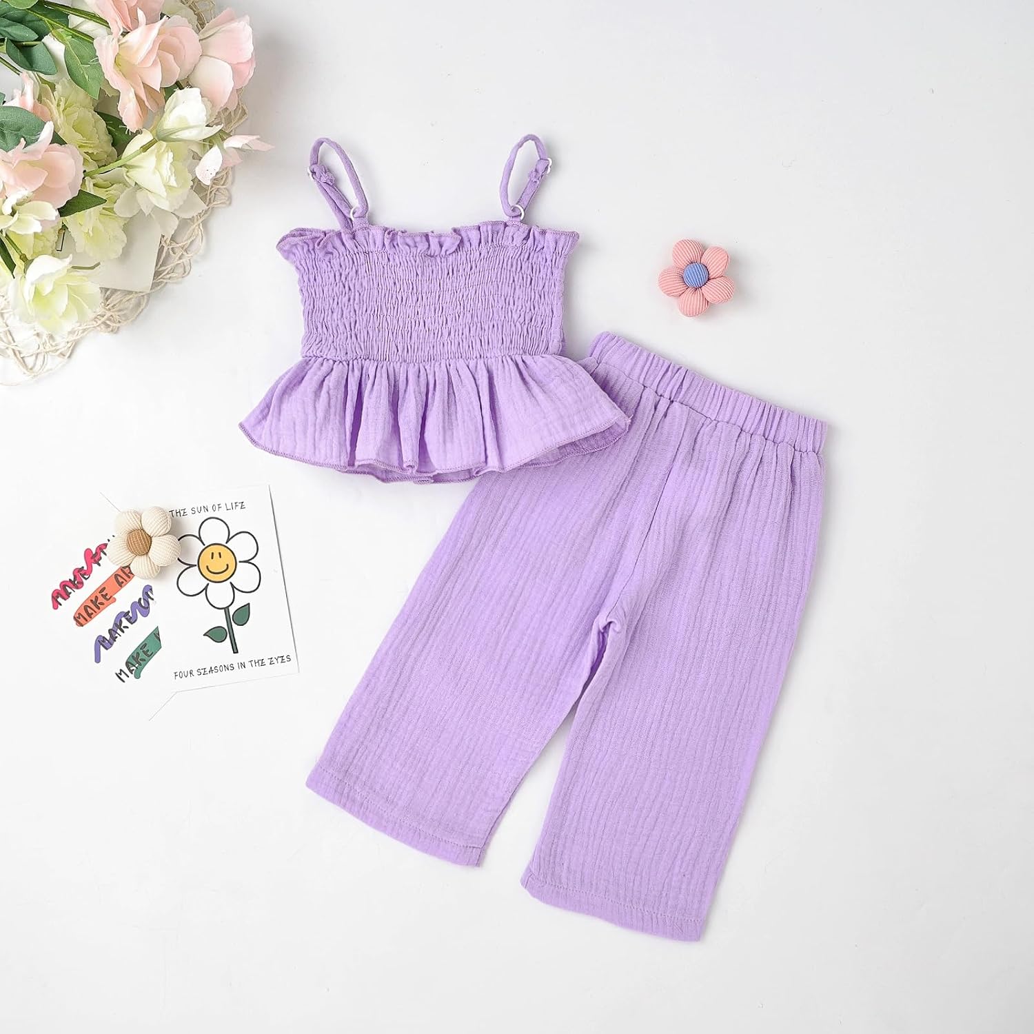Toddler Baby Girl Clothes Summer Outfits Cute Bow Button Ruffle Camisole Pants Set 9-36 Months - Image 4