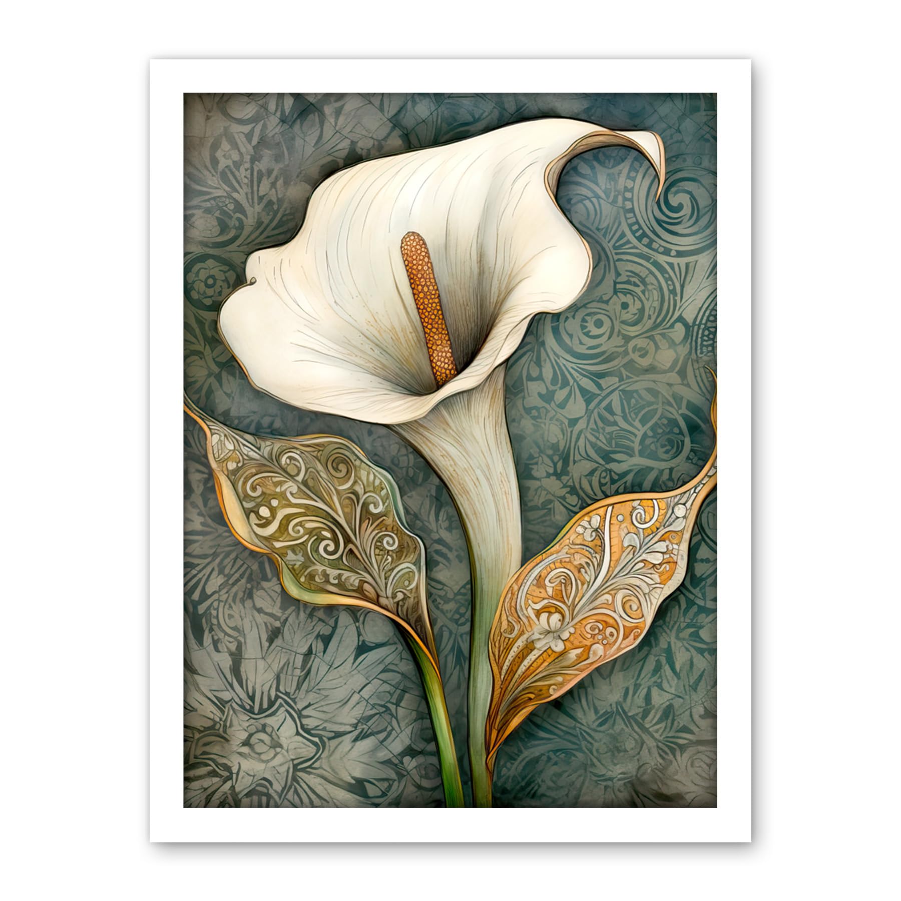 Artery8 William Morris Style Art Nouveau Calla Lily Flower Artwork Framed Wall Art Print 18X24 Inch