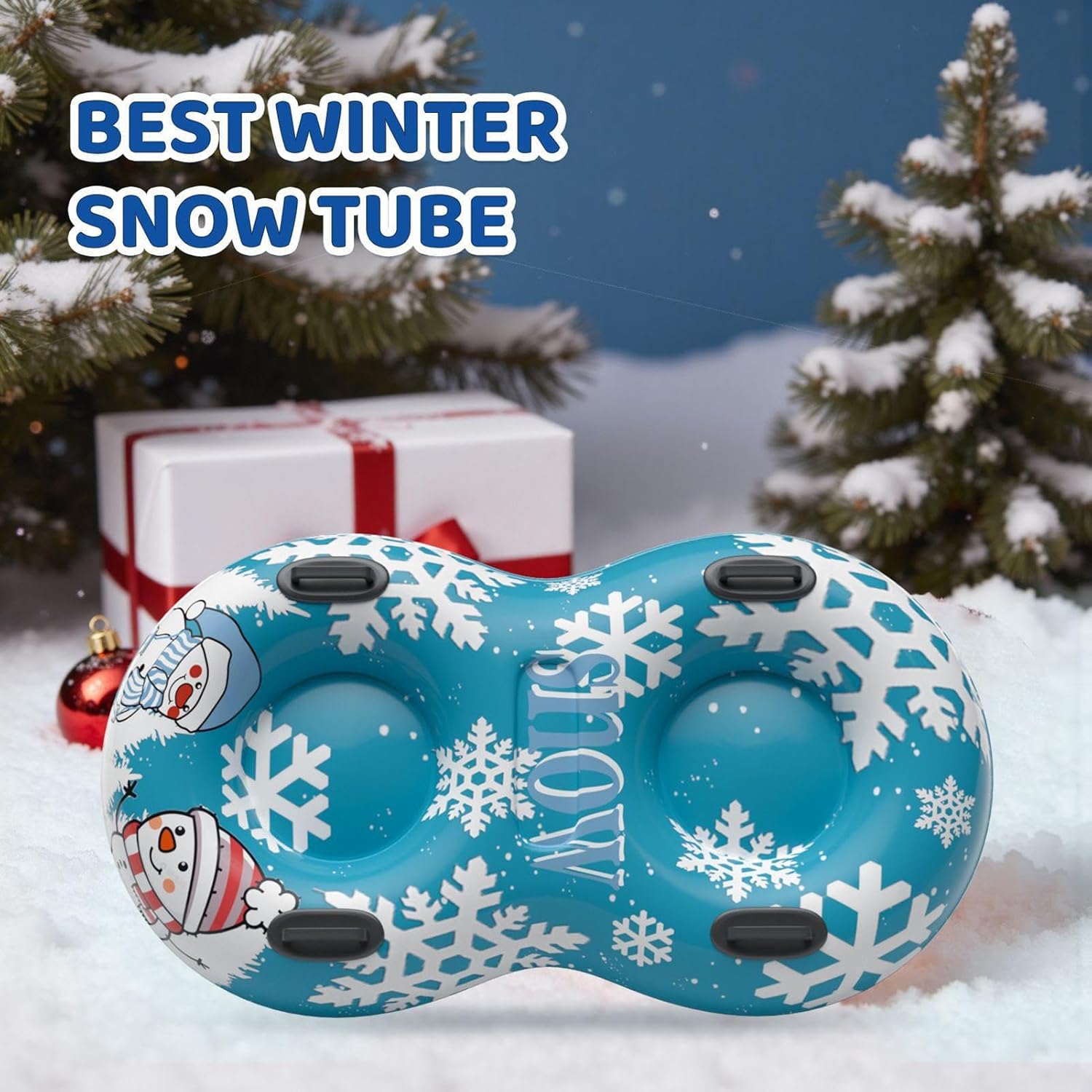 Inflatable Snow Tube, Heavy Duty Sled, 2 Person Rider with Reinforced Handles, Cooking with Compact Design, Heat Resistant Metal Grid, for Winter Family Fun