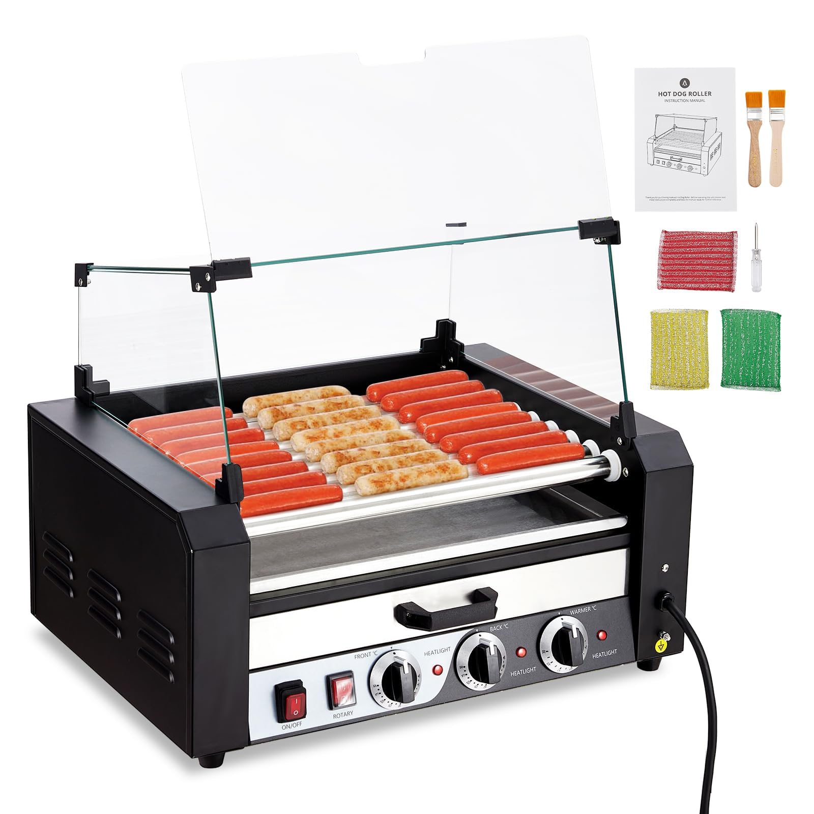 Hot Dog Roller 9 Rollers 24 Hot Dogs Capacity, 1650W Stainless Sausage Grill Cooker Machine with Removable Oil Drip Tray Dual Temp Control and Glass
