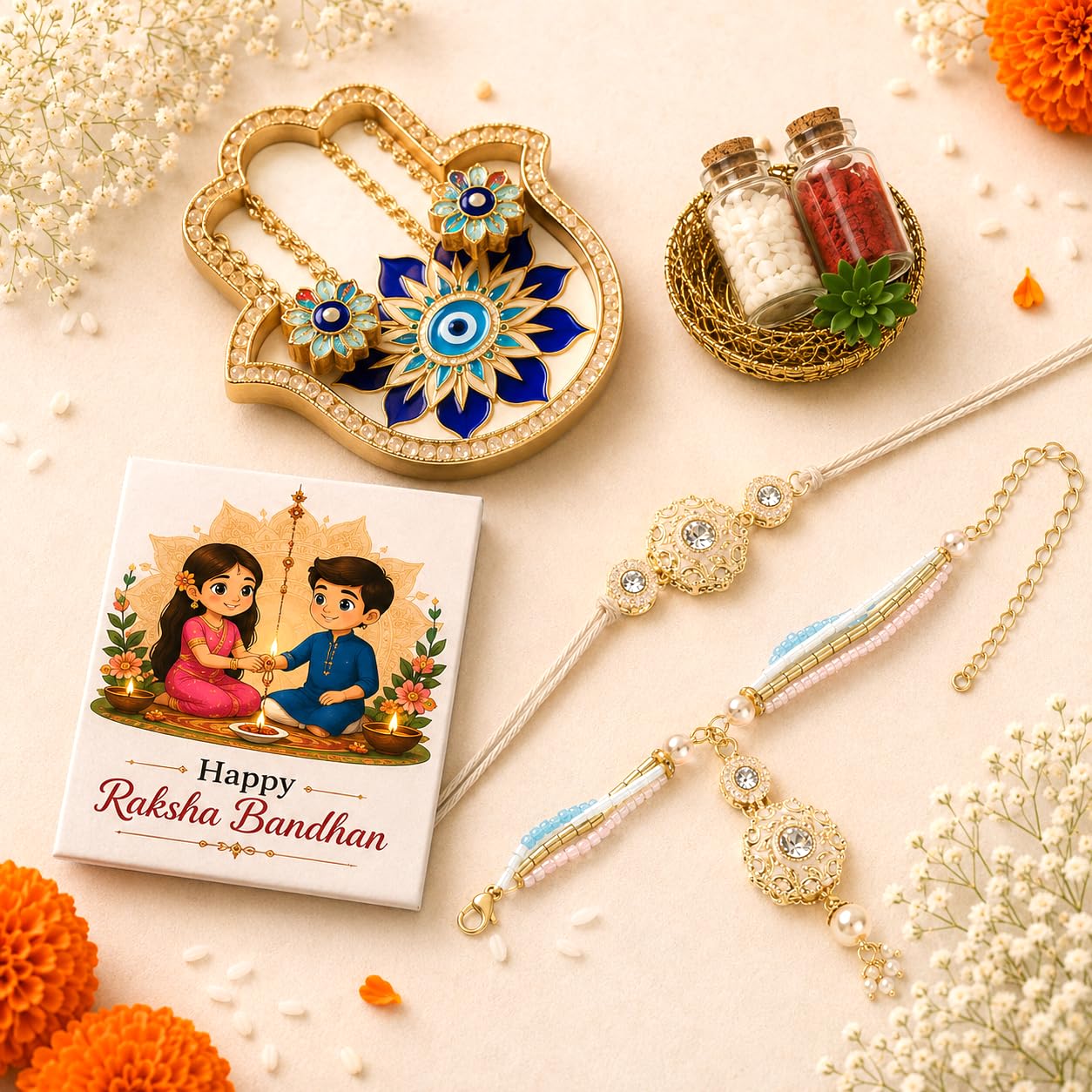 Habere India-All the Cultures Fabricating India Bhaiya Bhabhi Rakhi Combo Set | Designer Bhaiya and Bhabhi Bracelet Rakhi Set with Roli Chawal Fridge Magnet-picture-18