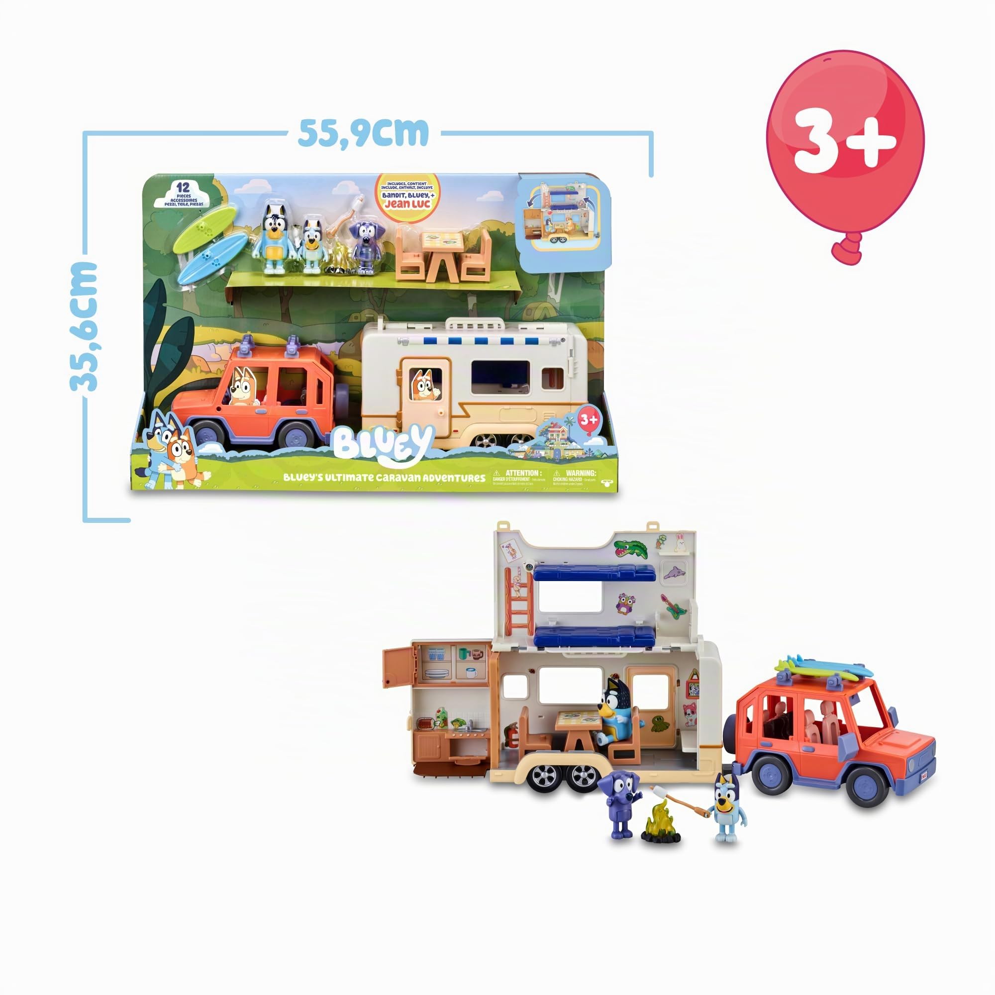 Bluey - Set Family Cruiser + Campervan, Playset für Familienautos, mit 3 Figuren, 10 Accessoires und dekorativen Aufklebern, 3 Jahre berühmt (BLY53000)
