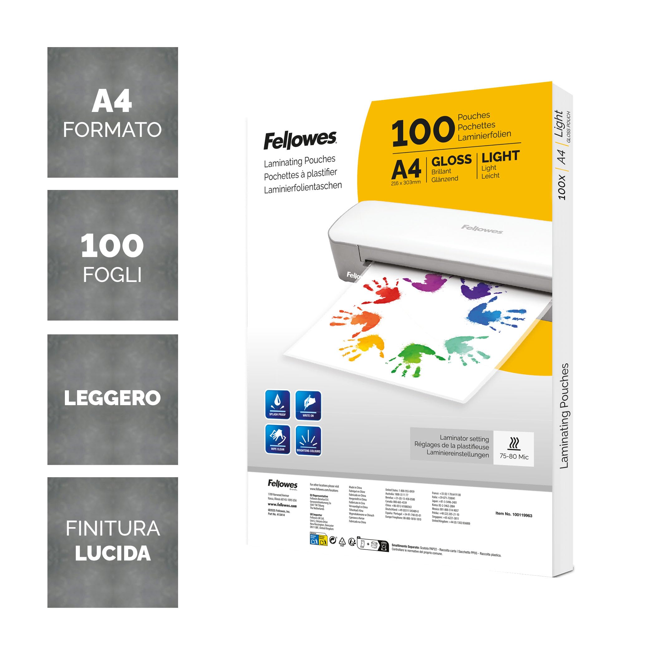Fellowes buste plastificazione A4 lucide 100 fogli resistenti plastificatrici