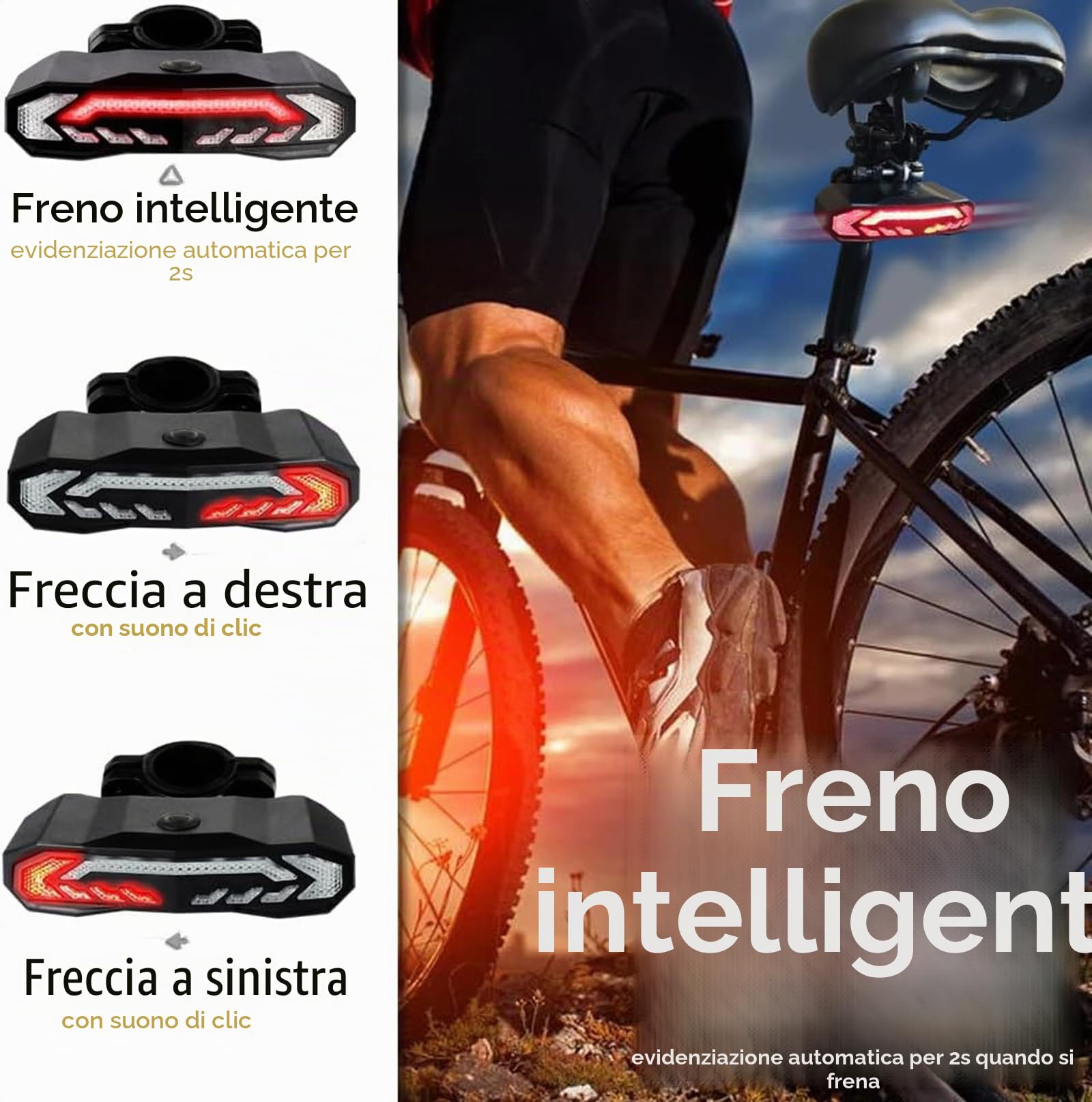 Fanale posteriore per bici con luci di direzione, luce freno, USB, telecomando ricaricabile, antifurto, clacson, accensione/spegnimento automatico, impermeabile, per la sicurezza notturna