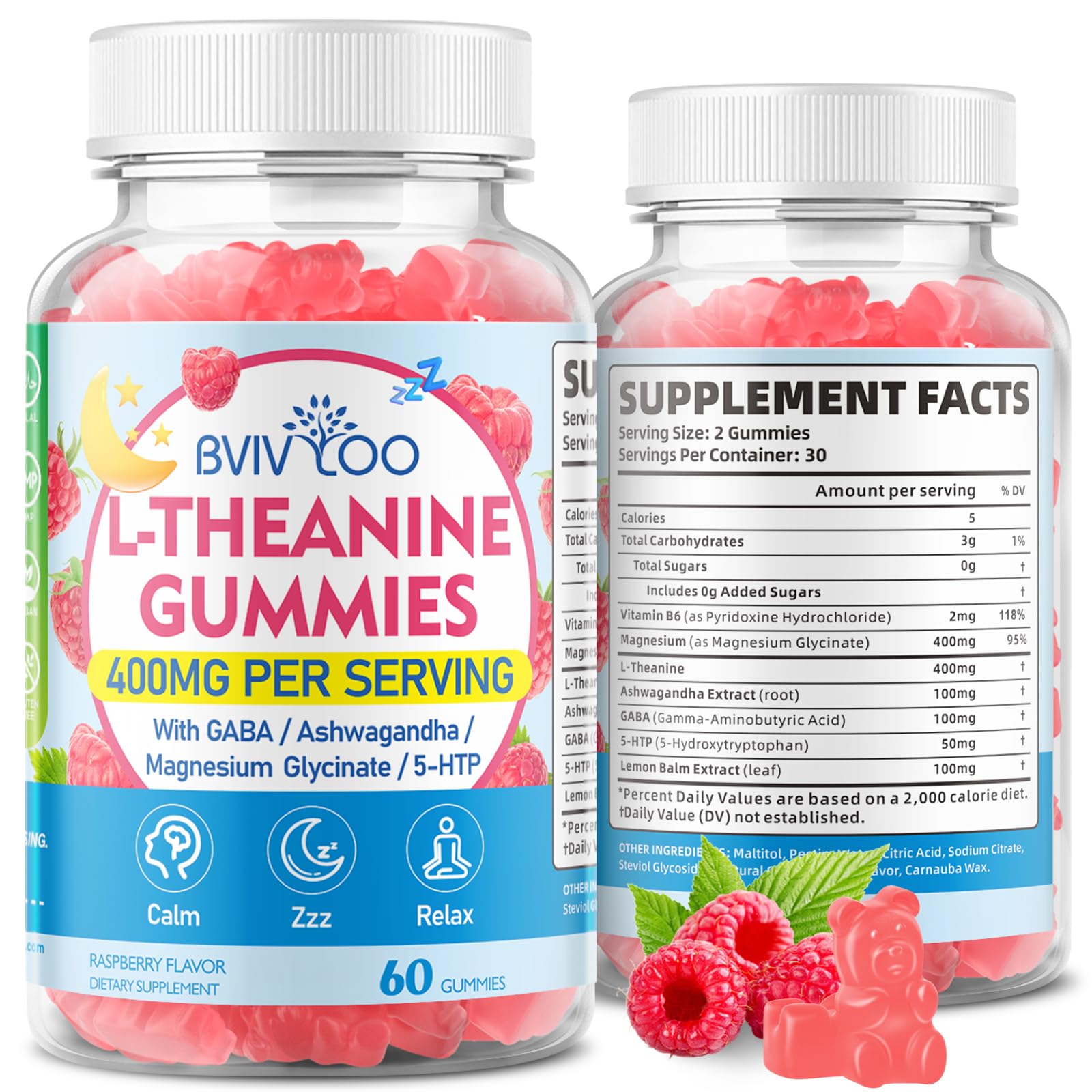 L-Theanine Gummies with L-Theanine 400 mg, Ashwagandha, GABA, 5-HTP, Magnesium Glycinate for Calm, ZZZ & Relaxation Support - Vegan, Raspberry Flavor, 60 Count 1pack