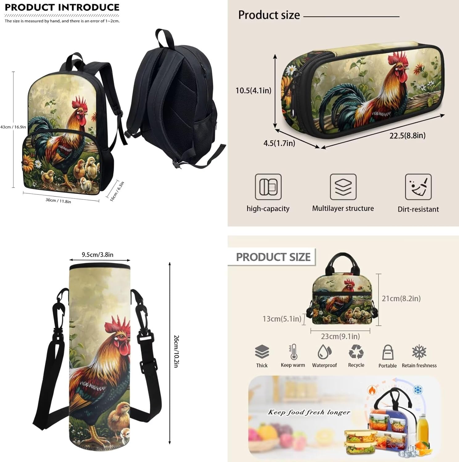 POLERO Chicken Rooster Print School Backpacks Teen Girls Bookbags 4Pcs School Bag Set with Thermal Insulated Lunch Box