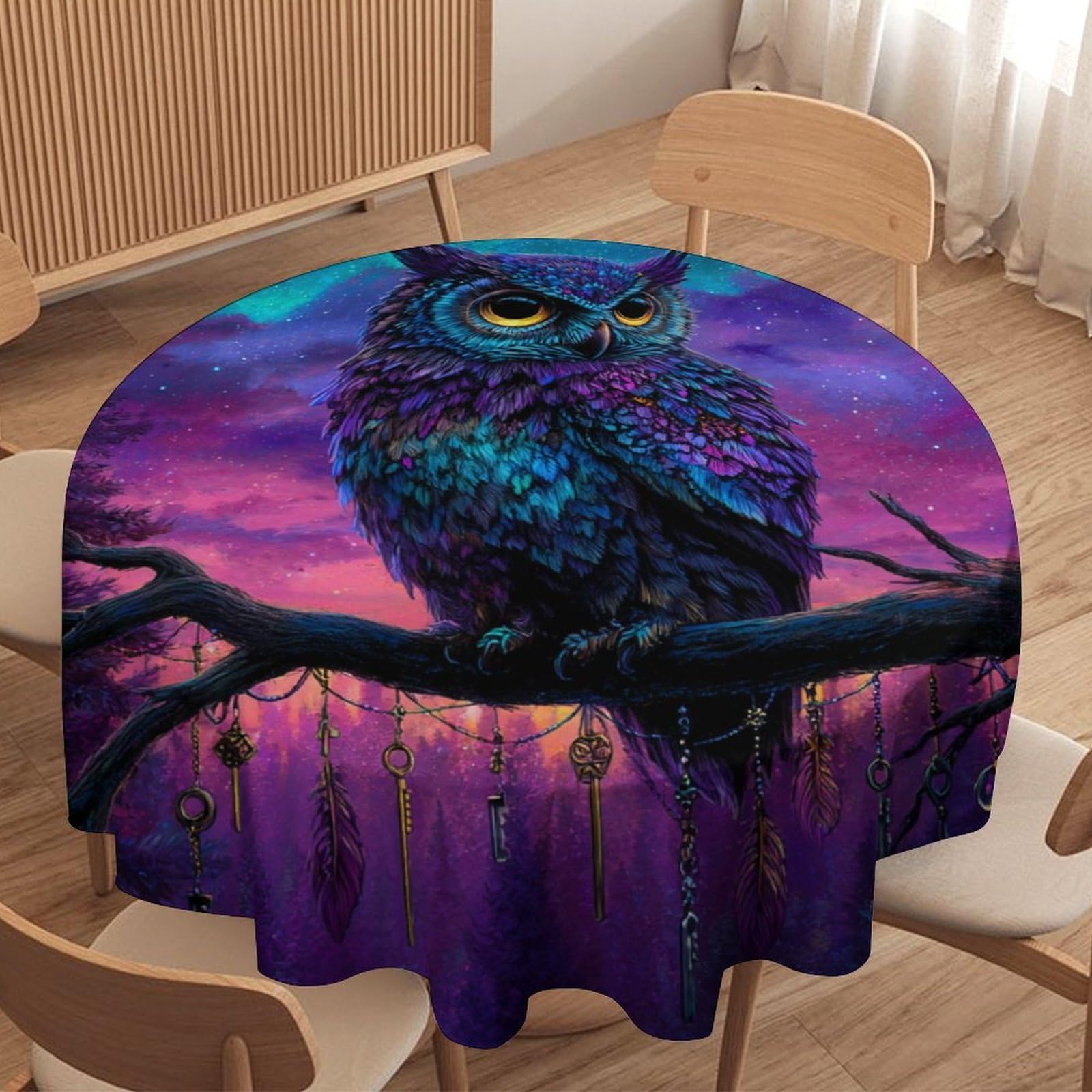 LUYYSKY Fantasy Abstract Cool Owl Round Tablecloth Classic Watercolor Starry Sky Galaxy Nebula Animals Owl Washable Decor for Table Cover for Kitchen-91.4" Wx91.4 L cm