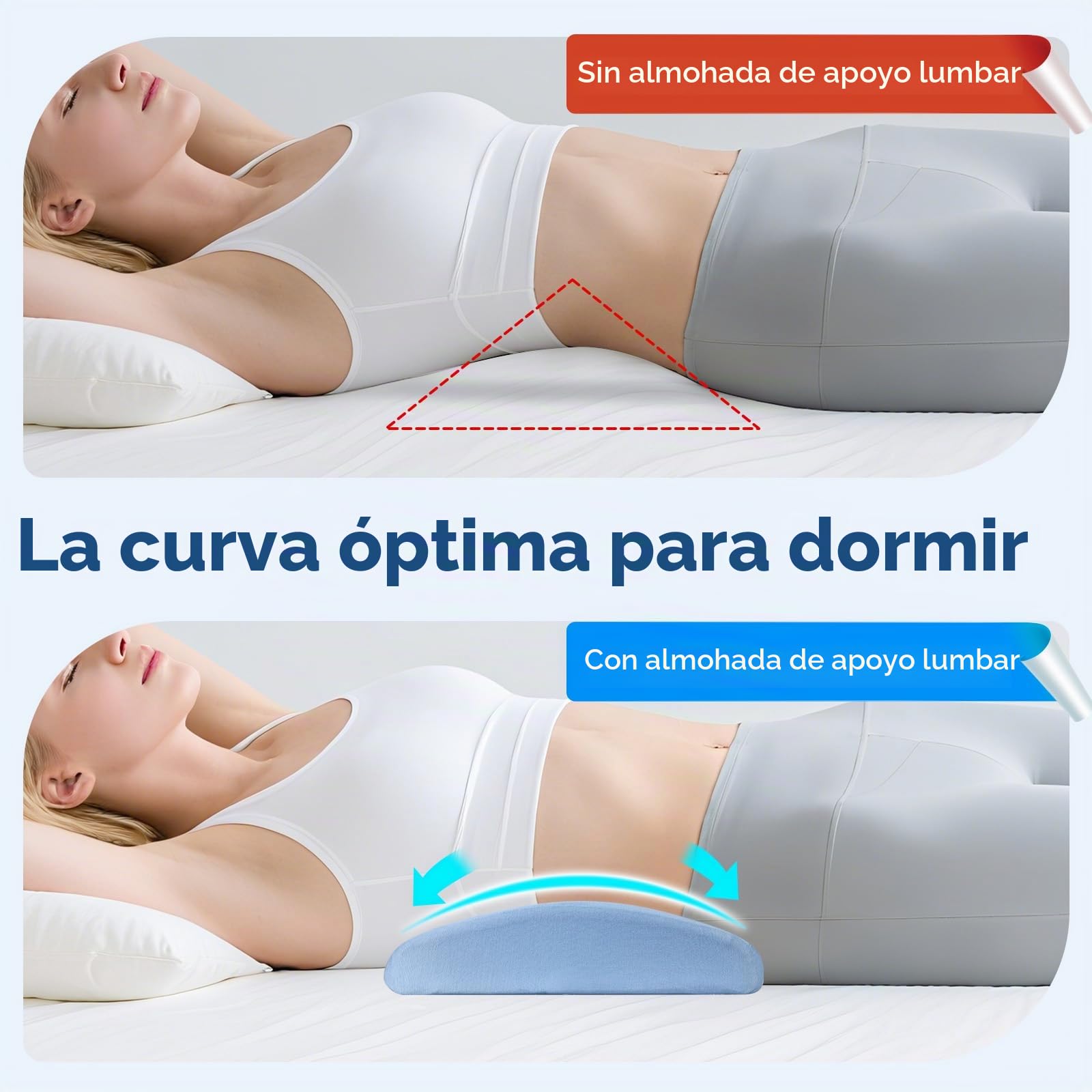 Almohada lumbar Dormir Ergonómicas, Espuma de Memoria Cojín Lumbar Cama, Almohada Lumbar para Cama, Silla de Oficina, Asiento de Coche y Sofá —con Gel de Enfriamiento y Cubierta Respirable (azul)