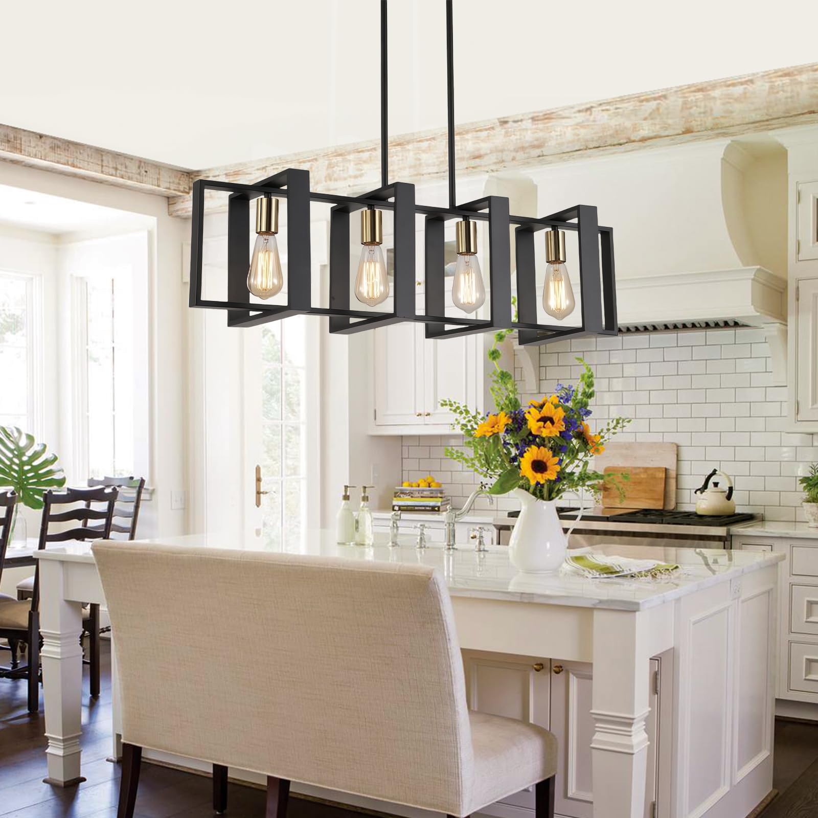 HTsilphelene lampadari da cucina, lampadario della tavola da pranzo, lampadari da cucina per la sala da pranzo il salone, corridoio del foyer, struttura di legno. (Nero,4 luci)