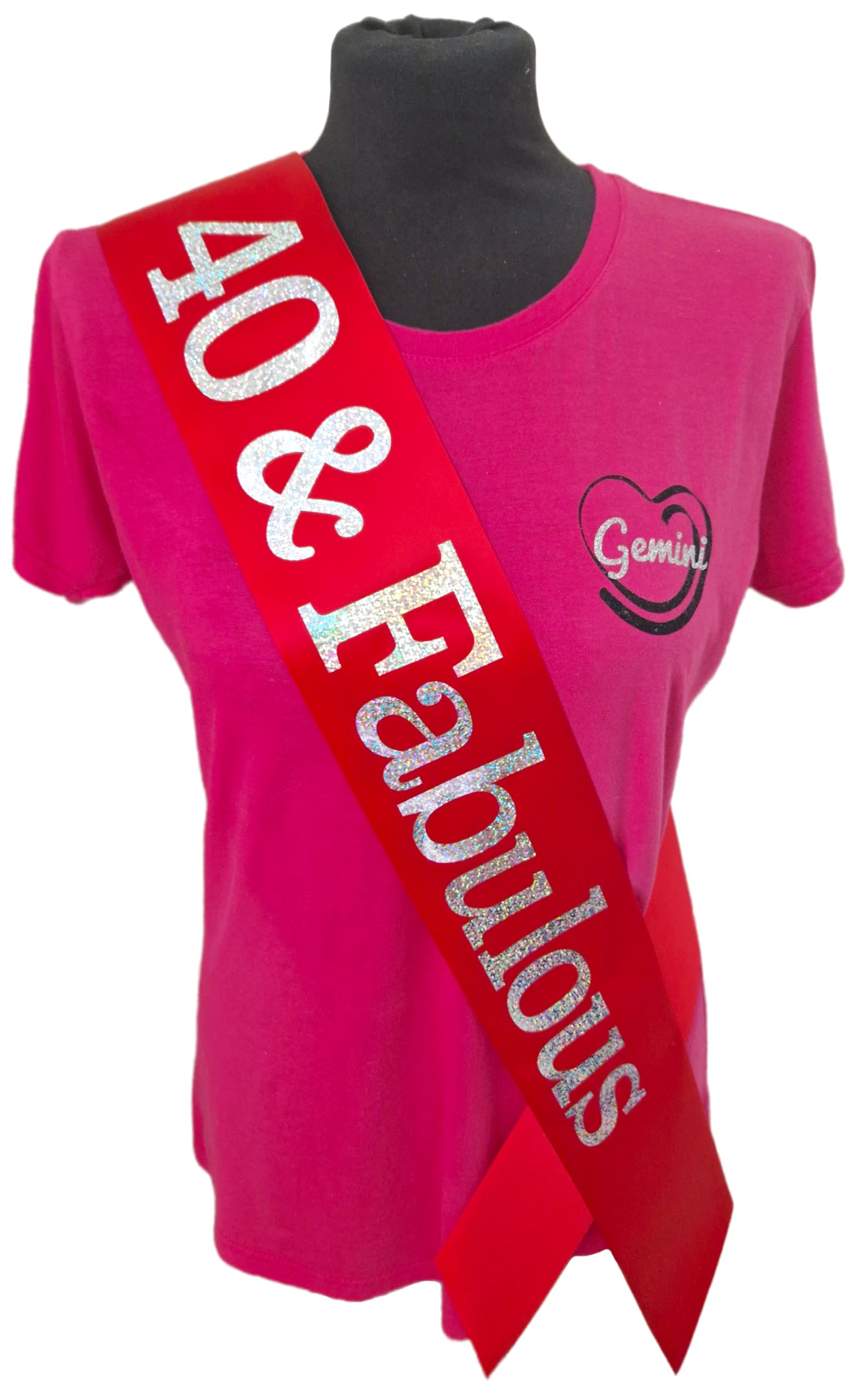 40th Birthday Sash - (40 & Fabulous Birthday Sash - Red Ribbon/Silver Text)