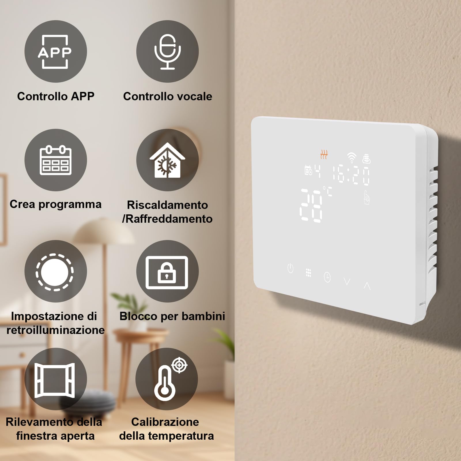 KETOTEK Termostato Caldaia WiFi Programmabile 220V 5A Alexa Compatibile, Cronotermostato Caldaia Digitale Intelligente 503 da Parete, Tuya/Smart Life App Controllo, Contatto Secco, Bianco