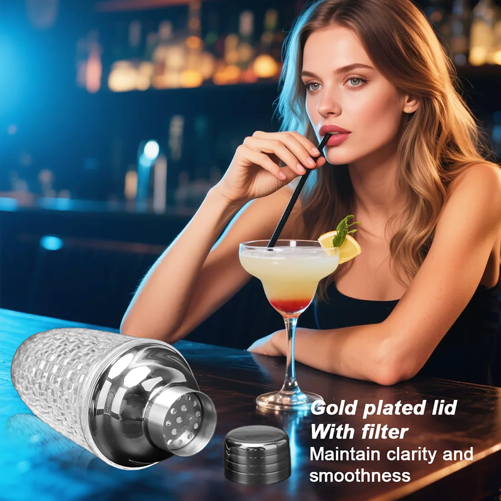 Coctelera de cristal, juego de coctelera de 400 ml, mezclador de cristal con vaso medidor de acero inoxidable y pala, coctelera para el hogar, bar, vino, zumos de frutas mixtas, bebidas, plata