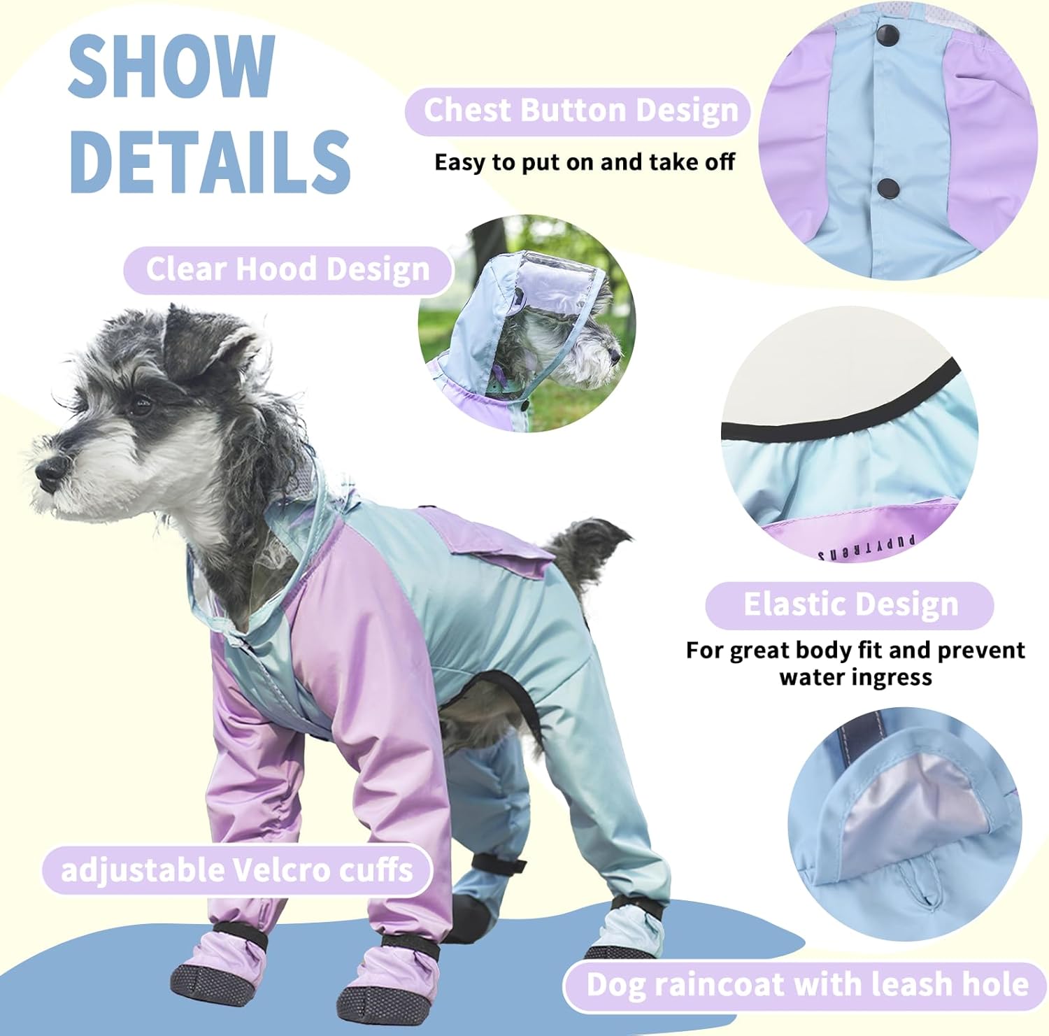 Dog Raincoat with Transparent Hood, Waterproof Jacket for Small Dogs with Snap-Button Chest, Leash Hole & Hook-and-Loop Cuffs Sleeves, Back Pocket for Treats (Yellow, Large)