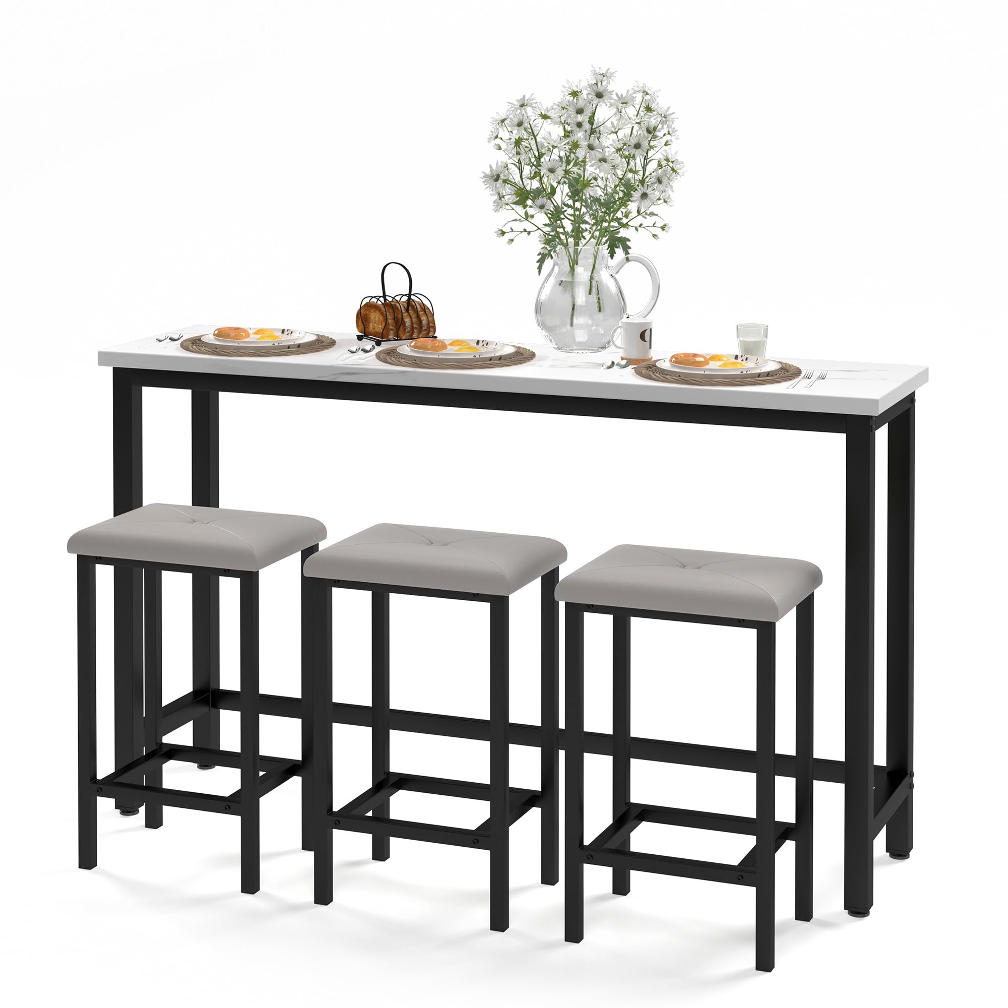 COCLUB Bar Table Set for 3, 60.2” Faux Marble Behind Couch Table Set, Modern Sofa Table with 3 Upholstered PU Stools, Space-Saving Bar Tables and