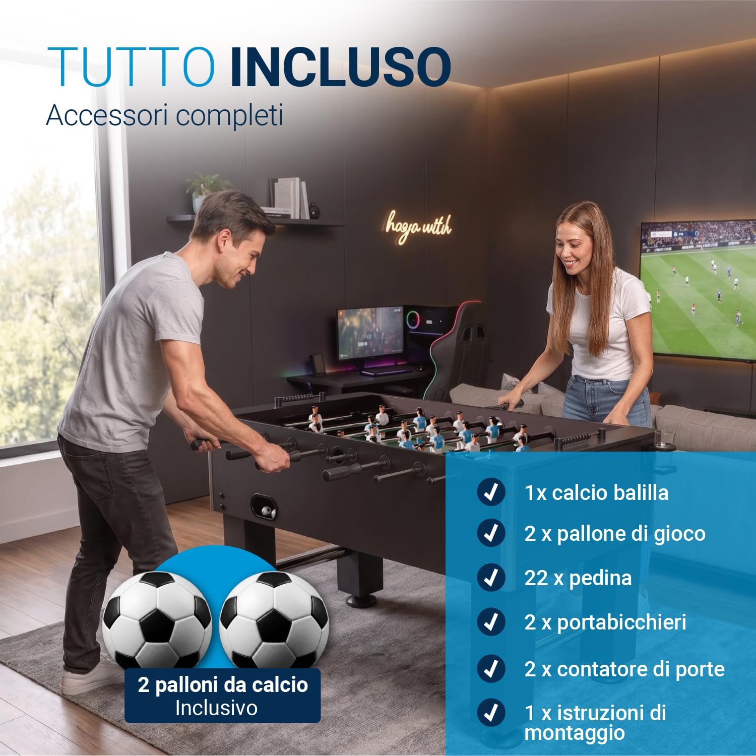 ArtSport Calcio balilla Wuzzler - Tavolo da calcio balilla incl. 2 palline con portabevande Kicker Calcio balilla Tavolo da calcio Tavolo da kicker