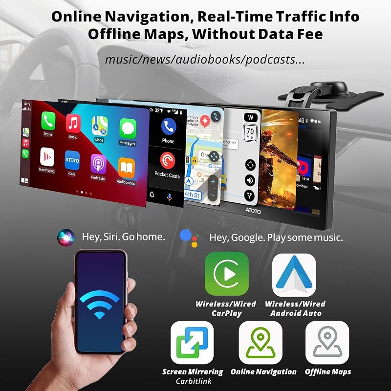 ATOTO P9 9" QLED Android Hordozható Autós Navigáció, 4G+32G Autórádió, Vezeték Nélküli CarPlay, 1080P Tolatókamera, GPS Nyomkövetés, 4G-LTE,