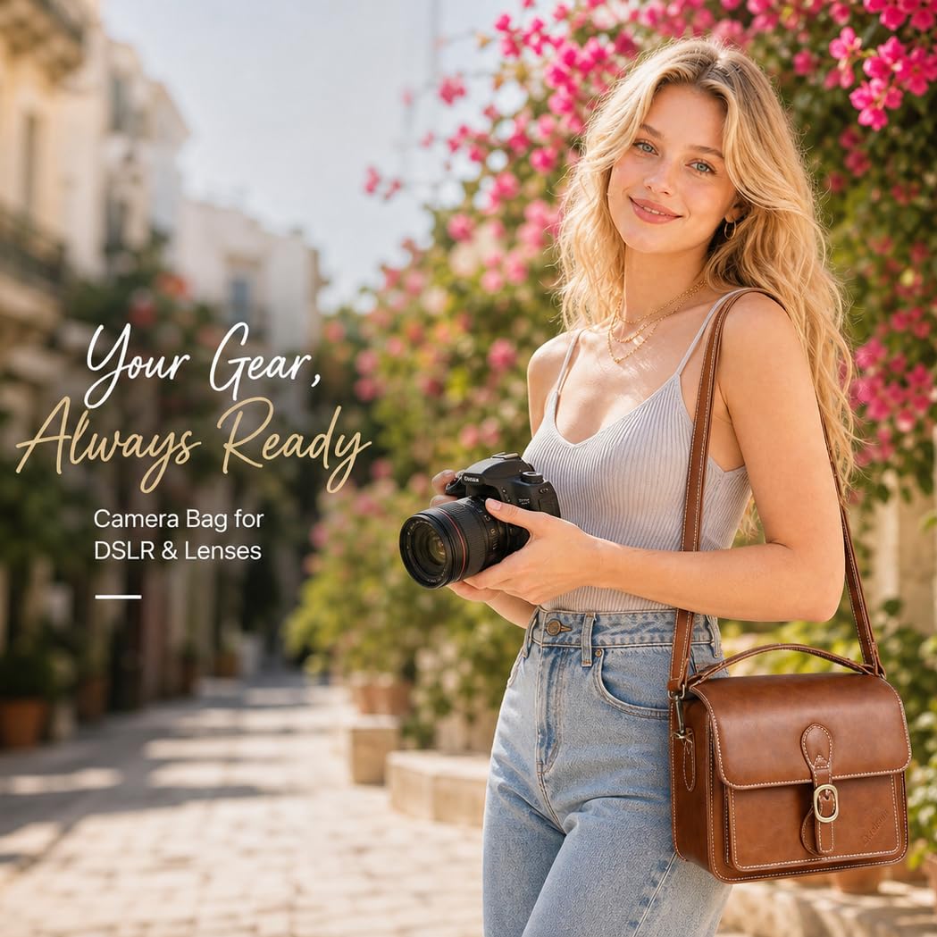 Cwatcun Borsa per fotocamera Borsa a tracolla per fotocamera compatta Borsa impermeabile retrò compatibile per Canon Nikon Sony SLR/DSLR Mirrorless e obiettivo Marrone,S