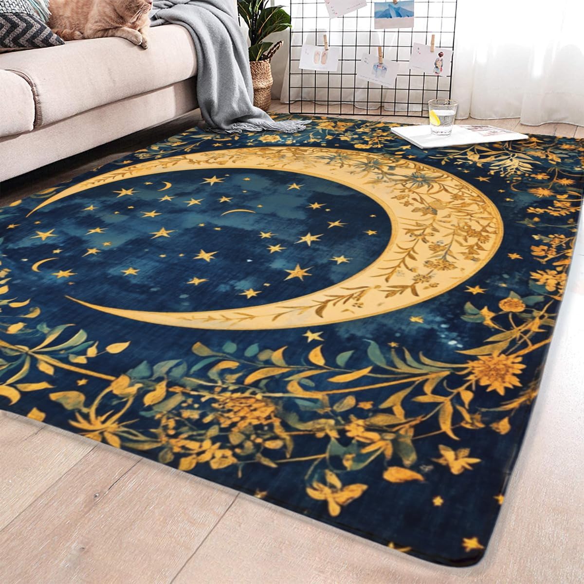 Moon Vintage Rugs - Exquisite Decorative Border Elegant Blue Gold Starry Moon Rug, Celestial Plant Flower Rug, Perfect Mat Gift for Girls Women's Birthday Festival, Bedroom Living Room 24x36inch