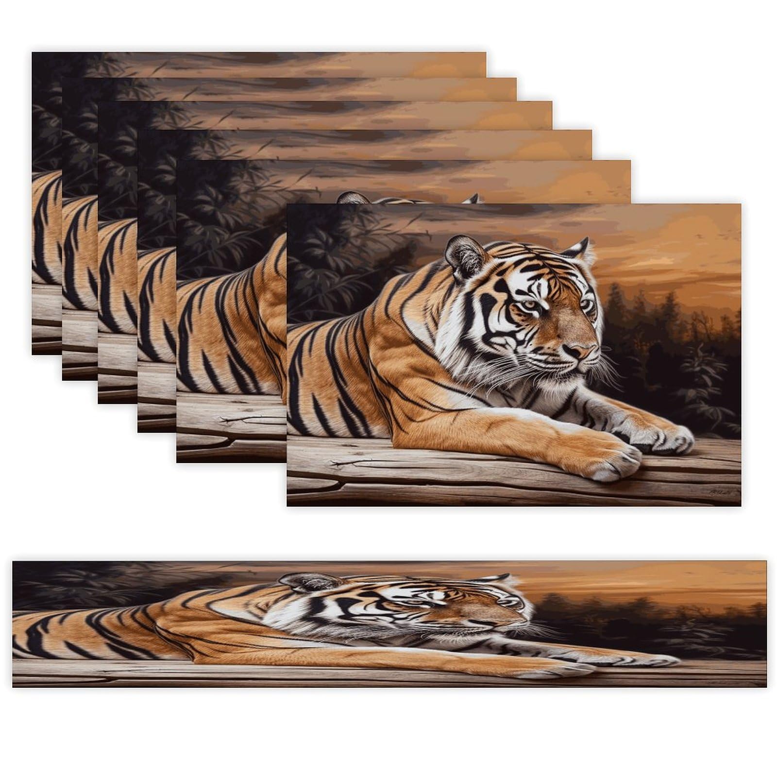 Tiger Lying on Wood Table Runner and Placemats Set of 6 for Kitchen Washable Table Mats Heat Resistant Place Mats Non-Slip Place Mat Wipeable Placemat(6 Placemats+1 Table Runner)