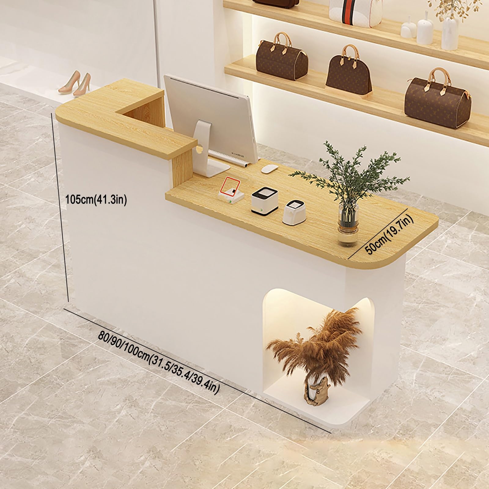 Scrivania per ricevimenti a forma di L con cassetti bloccabili, bancone da bar per consultazioni, ideale per piccoli spazi, uffici, minimarket, soluzione elegante e funzionale per spazi di lavoro