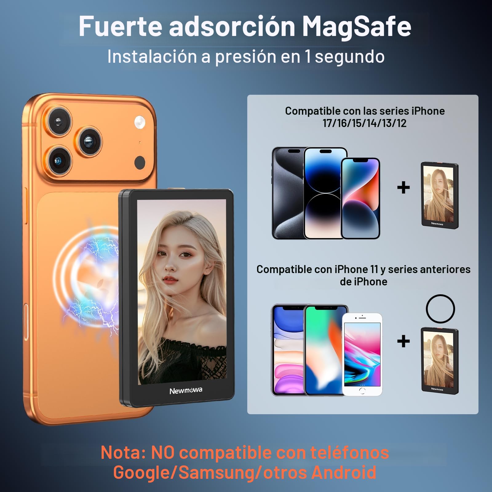 Newmowa Negro Pantalla magnética para Selfie Vlog,grabación inalámbrica 1080P, fotocamera posteriore del telefono per Selfie Vlog TikTok LiveStream,Compatible con iPhone(grabación con Cable 4K 30fps)