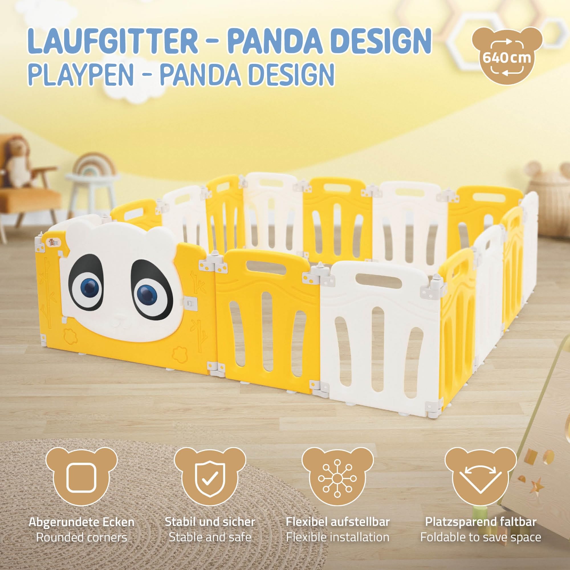 Joyz Box Bambini 160x160 cm Pieghevole Design Panda Bianco/Giallo Cancelletto con Porta e Orologio Didattico Recinto in Plastica per Interni/Esterni Cancelletto per l’Esplorazione dei Neonati