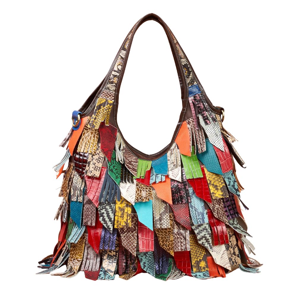 Women’s Multicolor Boston Bag Genuine Leather Colorful Large Tote Handbag Purse (Colorful-3)